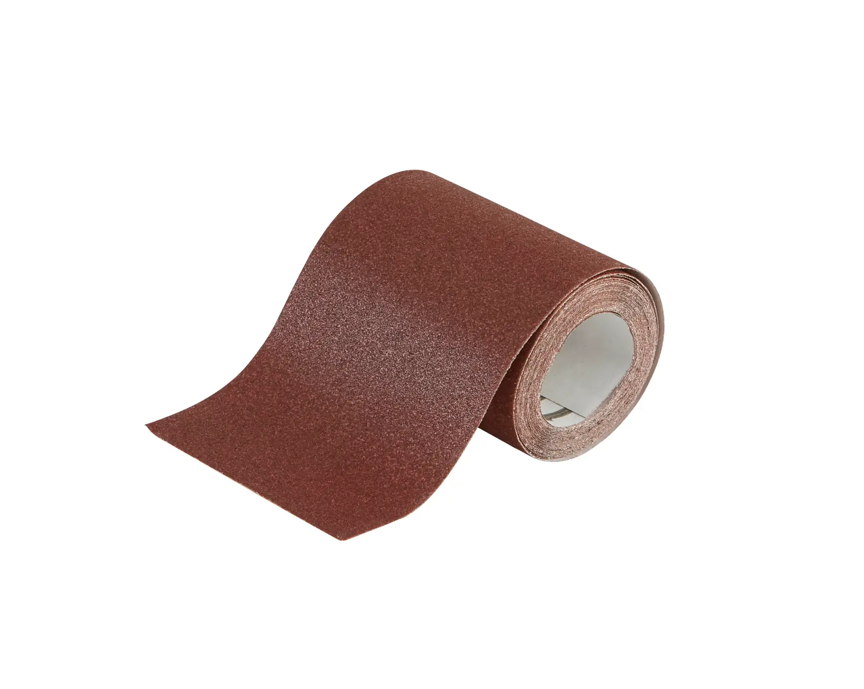 A roll of brown abrasive sandpaper, partially unrolled, shown on a white background.