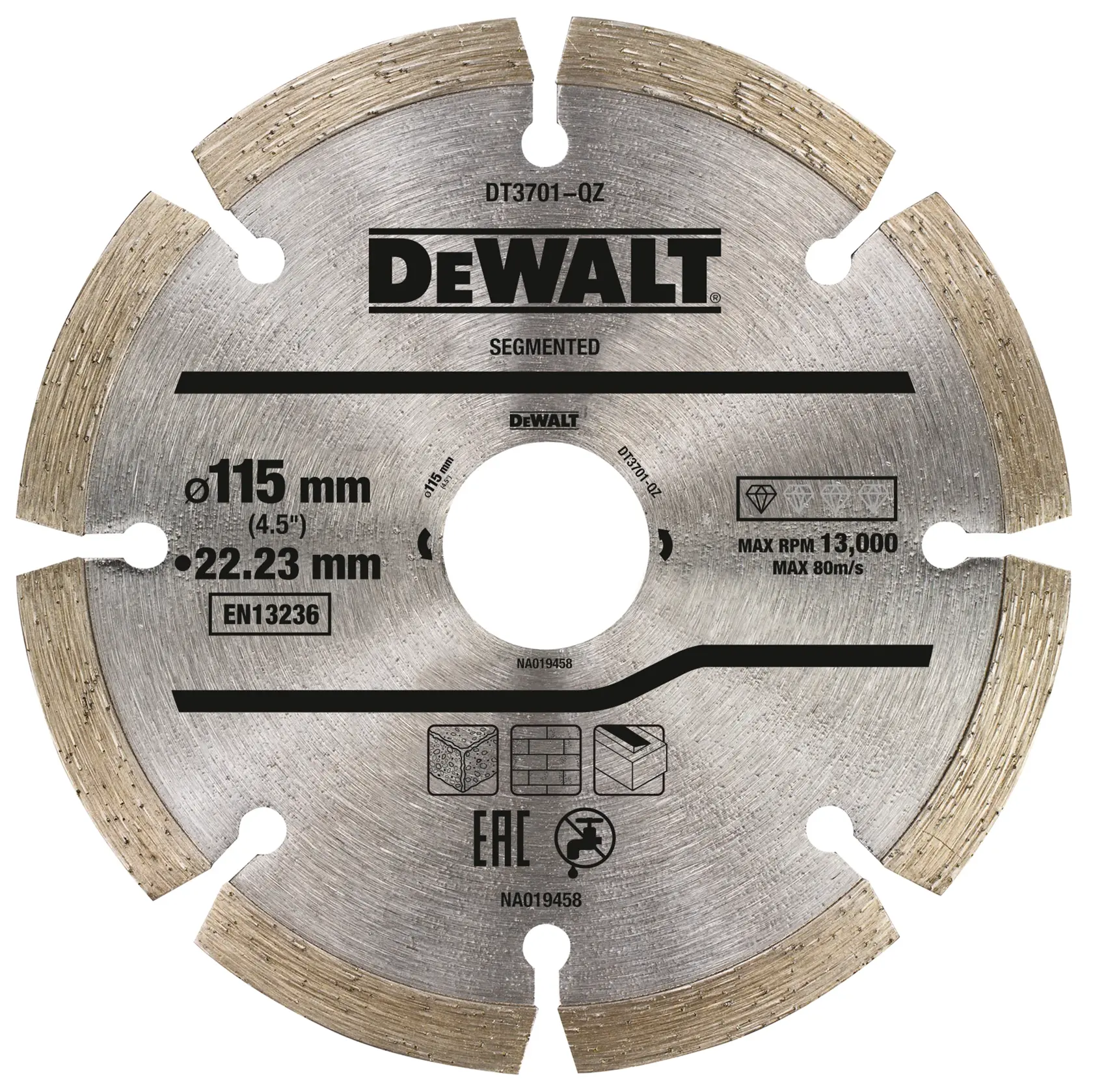 DEWALT segmented diamond blade DT3701, 115mm diameter, for cutting stone and construction materials.