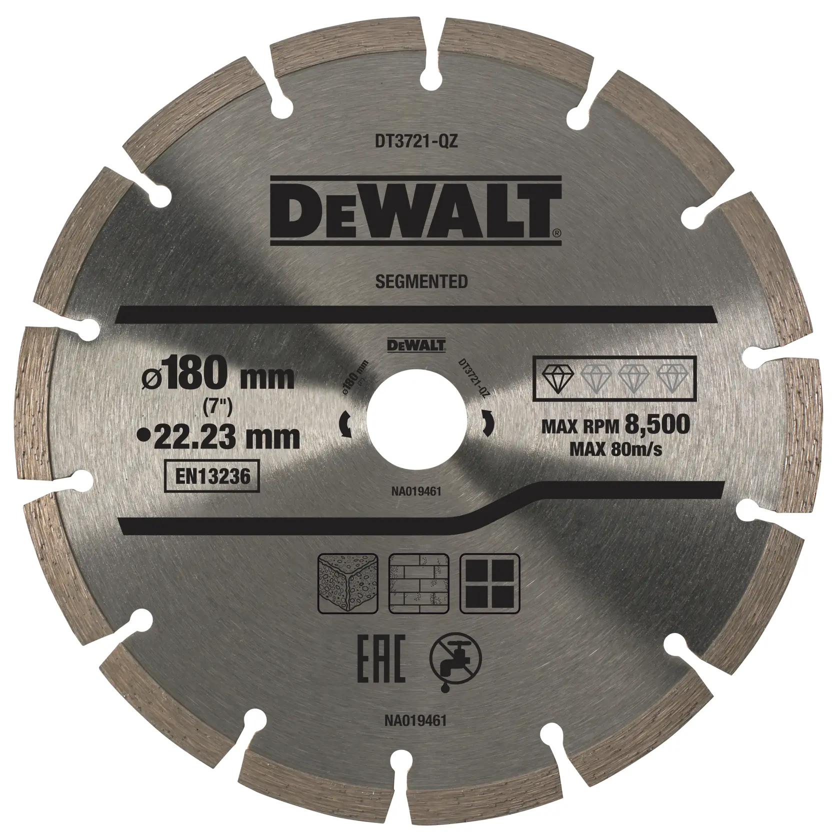 DEWALT segmented diamond saw blade, 180mm diameter, for cutting stone, brick, or concrete materials.