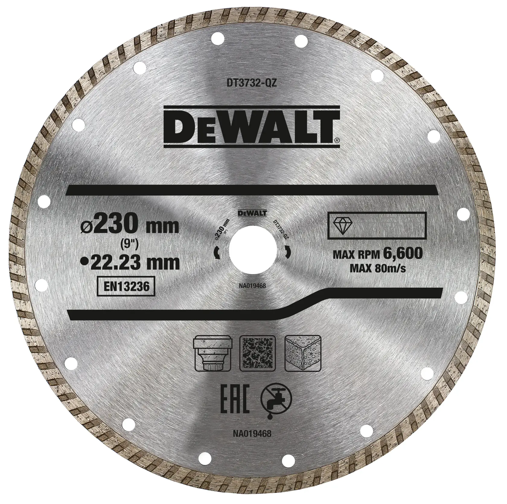 DEWALT DT3732 circular saw blade with 230mm diameter, for masonry and stone cutting, max speed 6,600 rpm.