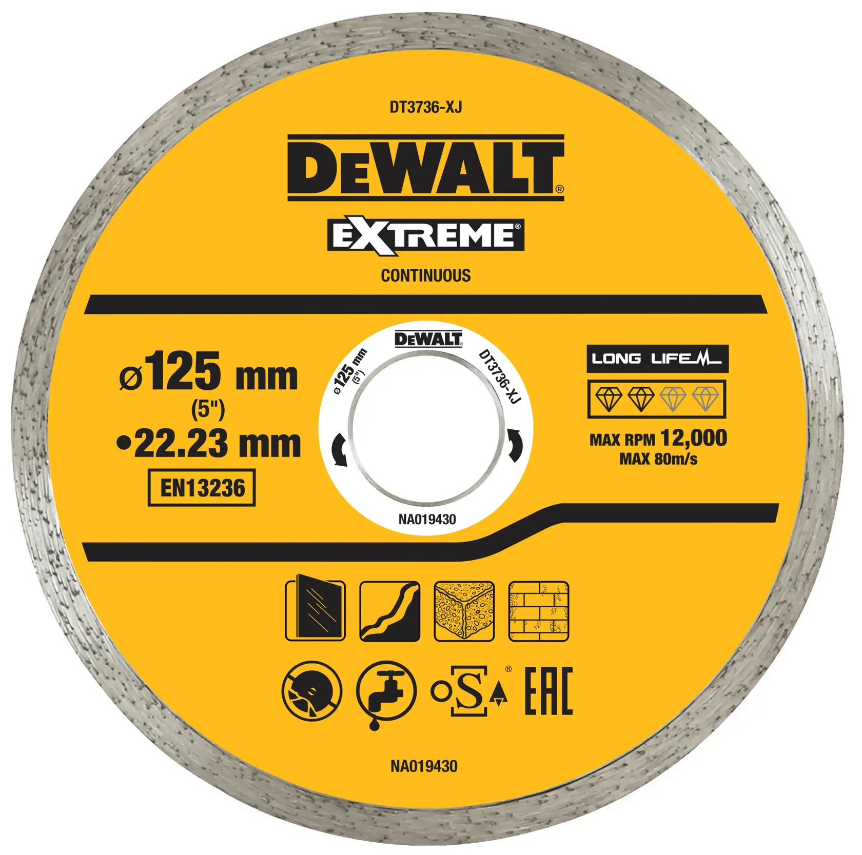 DEWALT DT3736 diamond cutting disc, 125 mm diameter for masonry and tiles, yellow with specifications label.