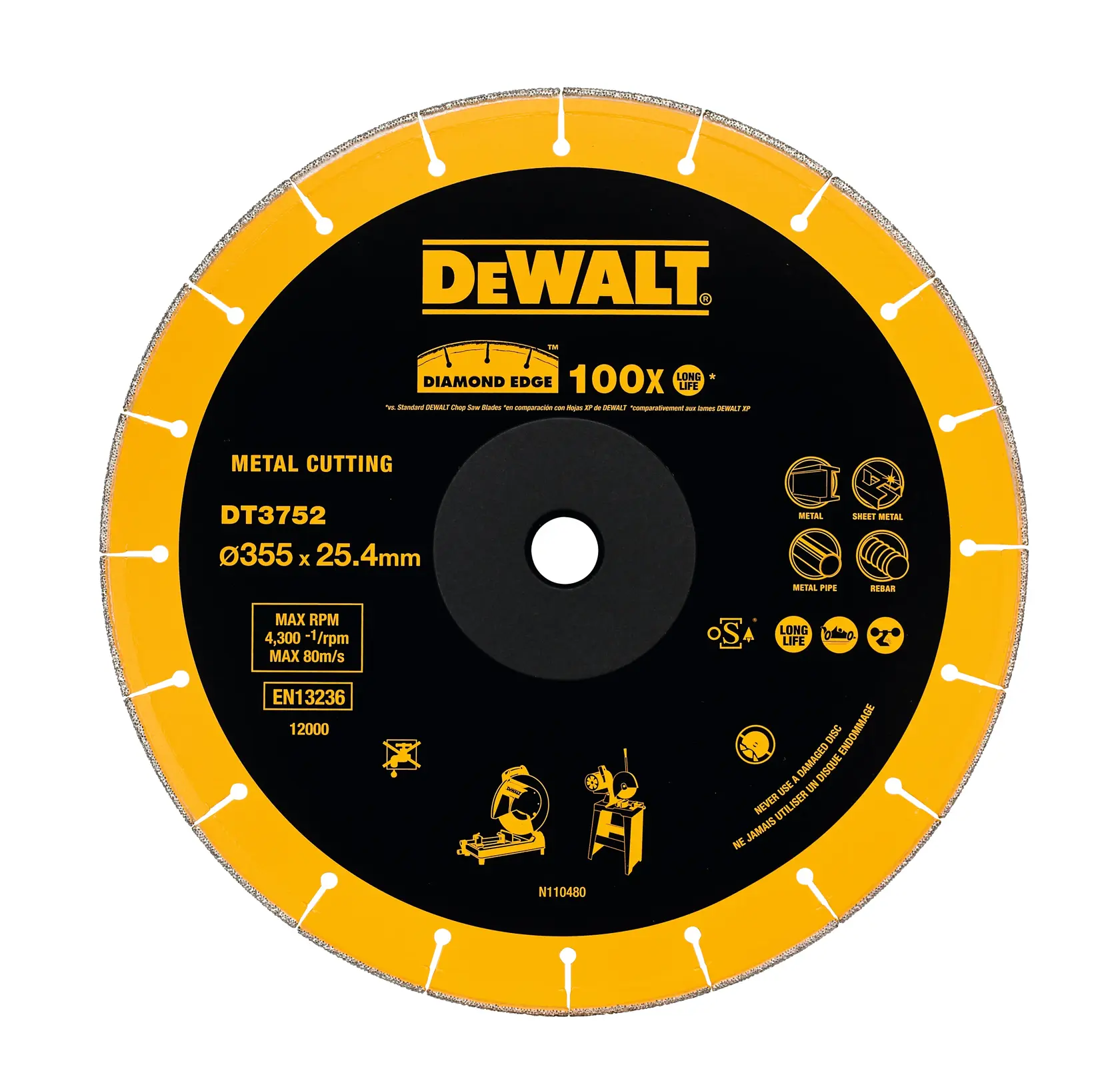 DEWALT DT3752 metal cutting diamond saw blade, 355mm diameter, for long life and various metal types.
