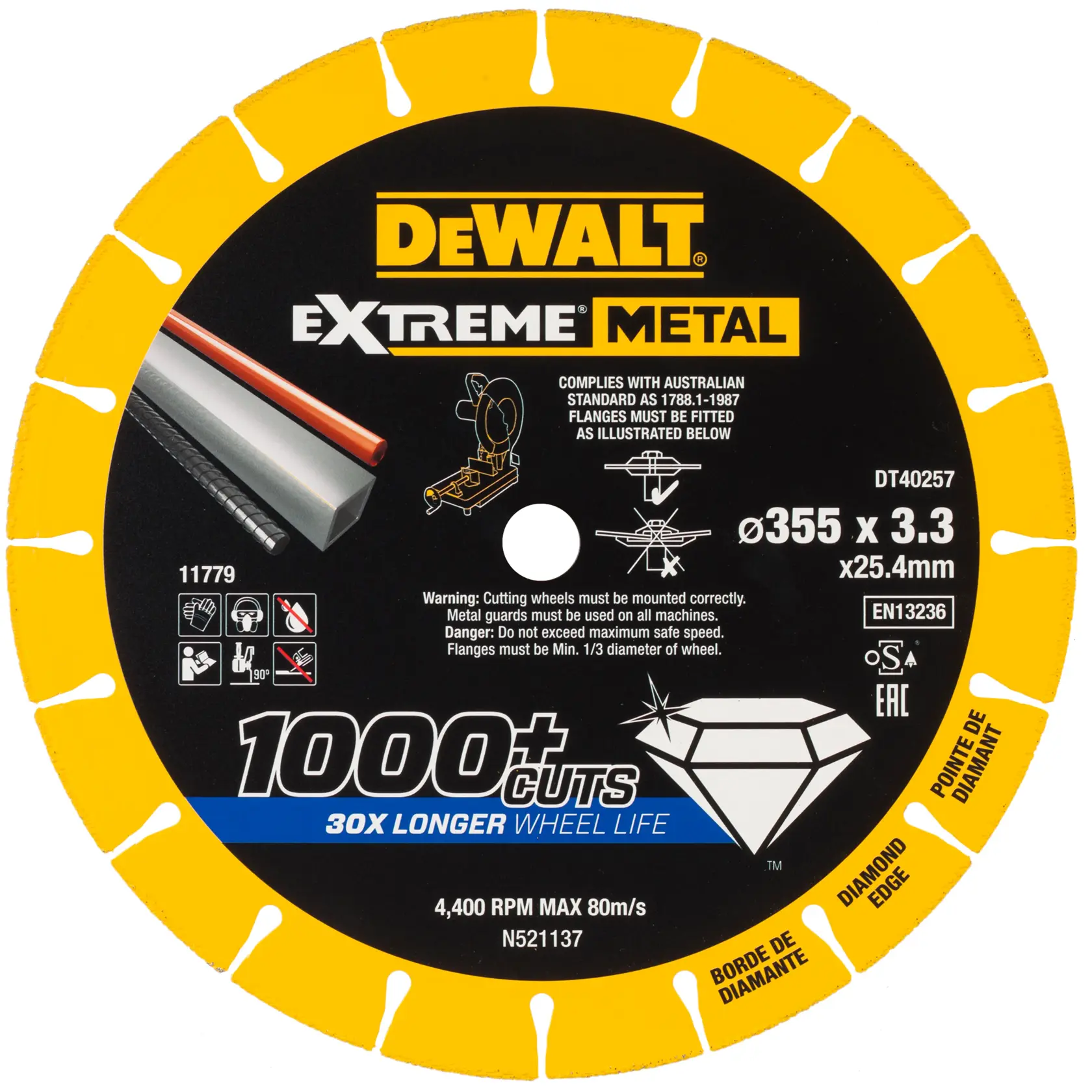 DEWALT Extreme Metal diamond cutting wheel DT40257, 355 x 3.3 x 25.4 mm, for long-lasting metal cutting.