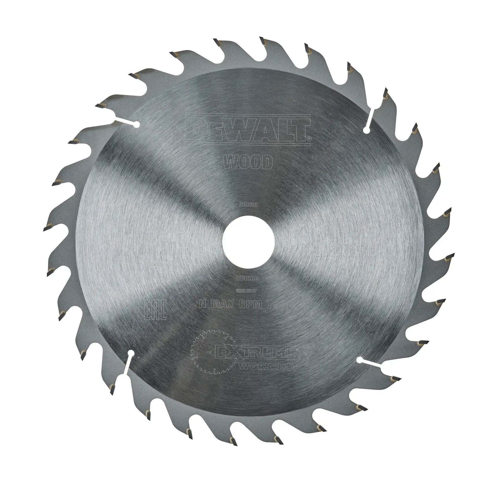 Una hoja de sierra circular para trabajos de carpintería, de la marca DEWALT, hecha de metal con dientes afilados en el borde.