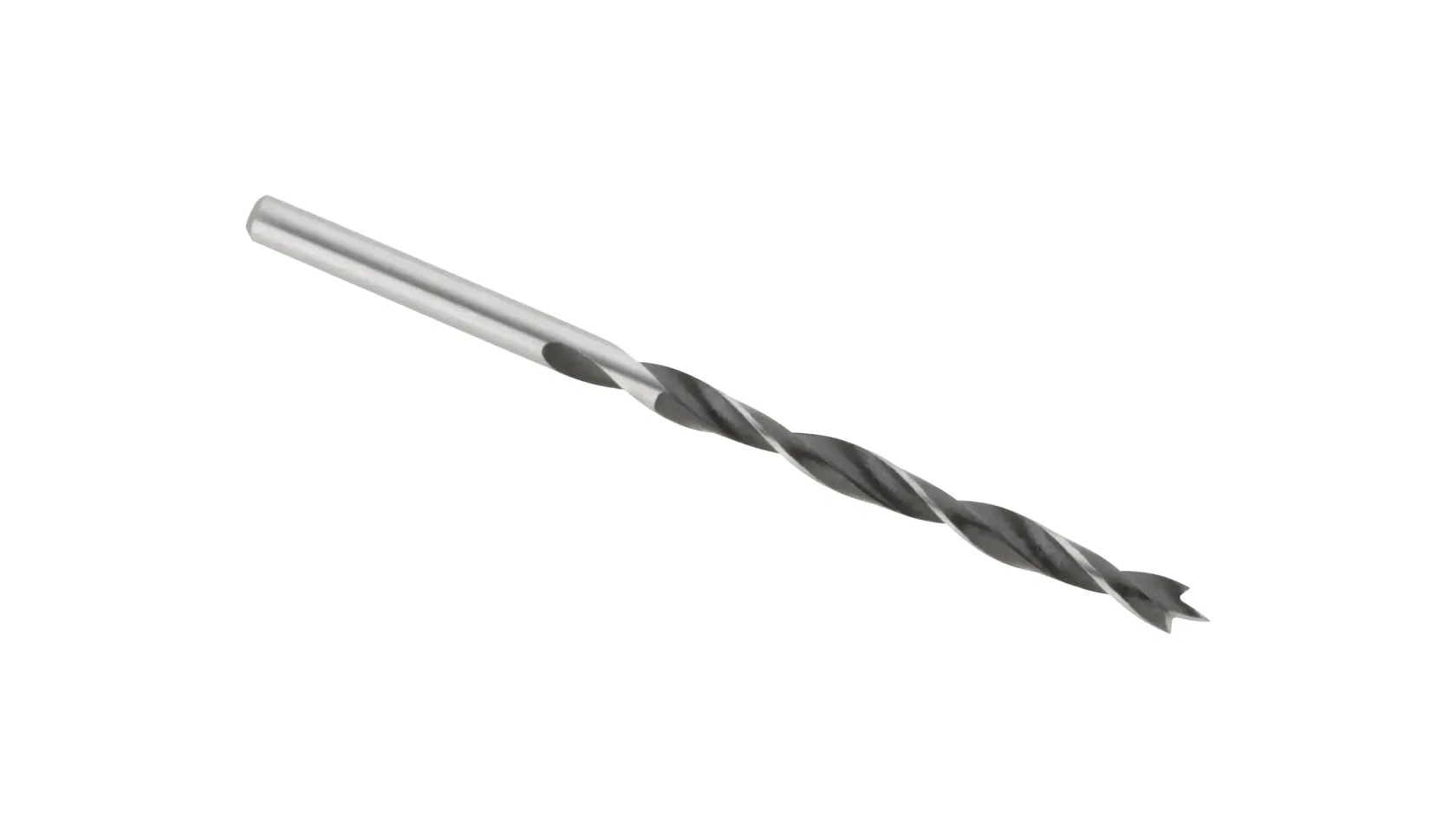 A single metal drill bit with a pointed tip and spiral flutes, photographed on a white background.