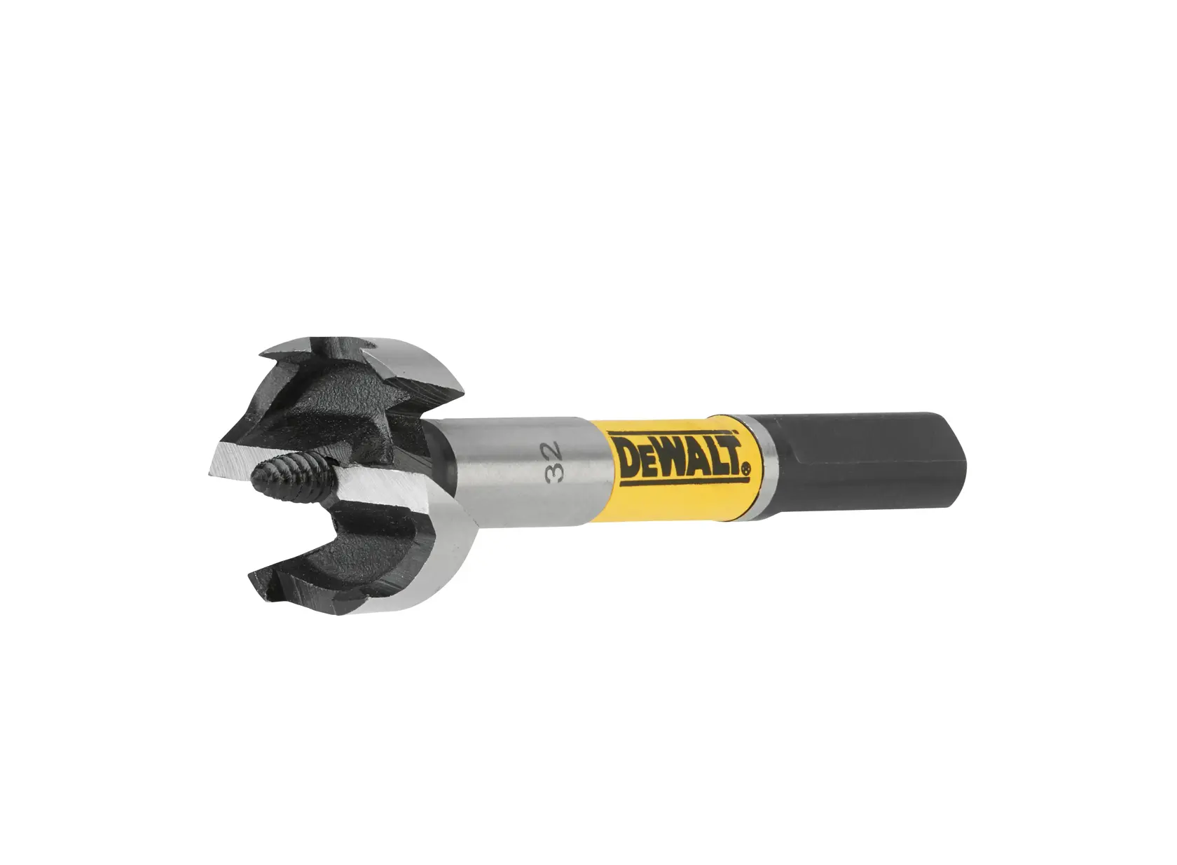 A DEWALT branded wood drill bit with a hex shank and cutting edges, designed for creating holes in wood.