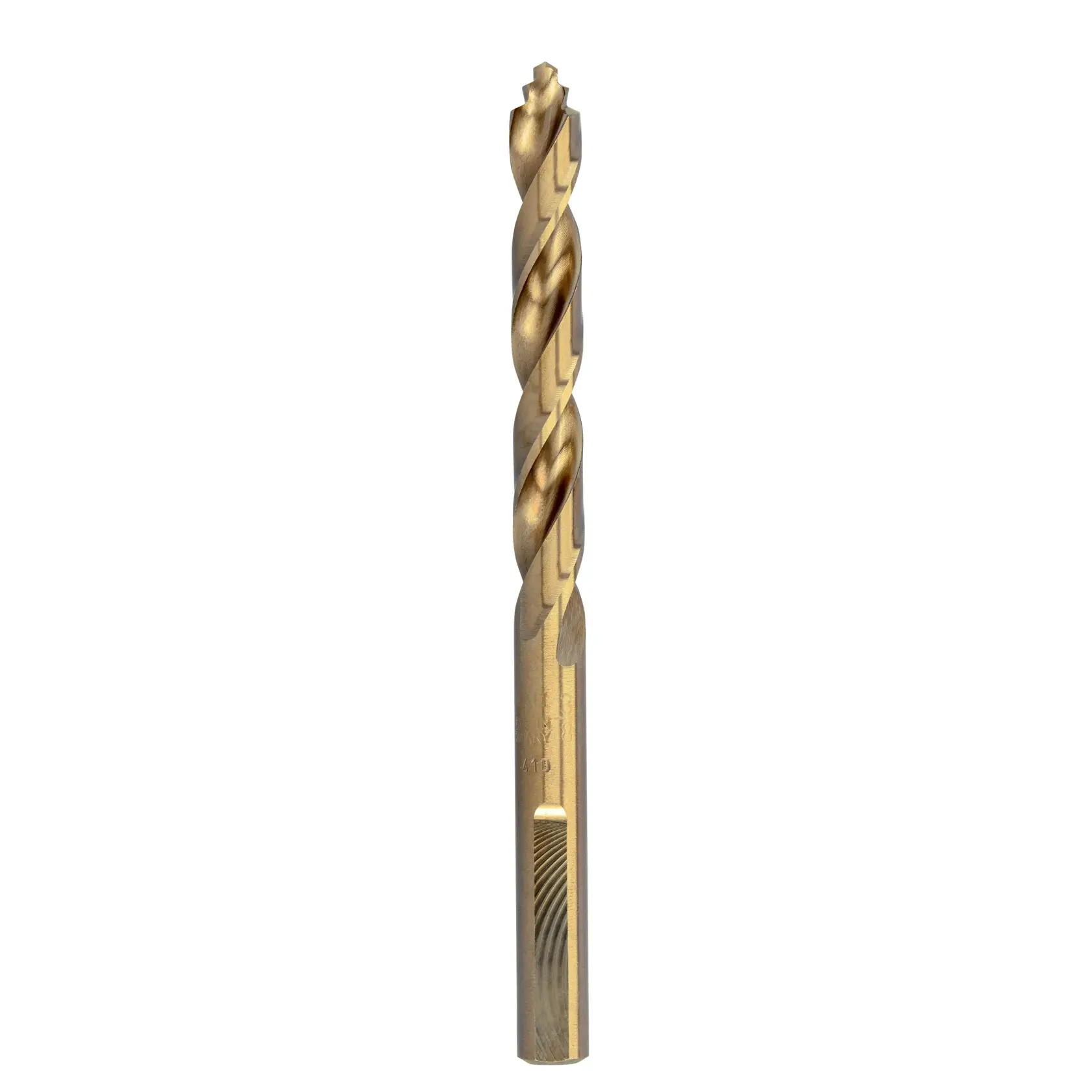 A gold DEWALT DT4943 metal drill bit with spiral design, shown vertically on a white background.