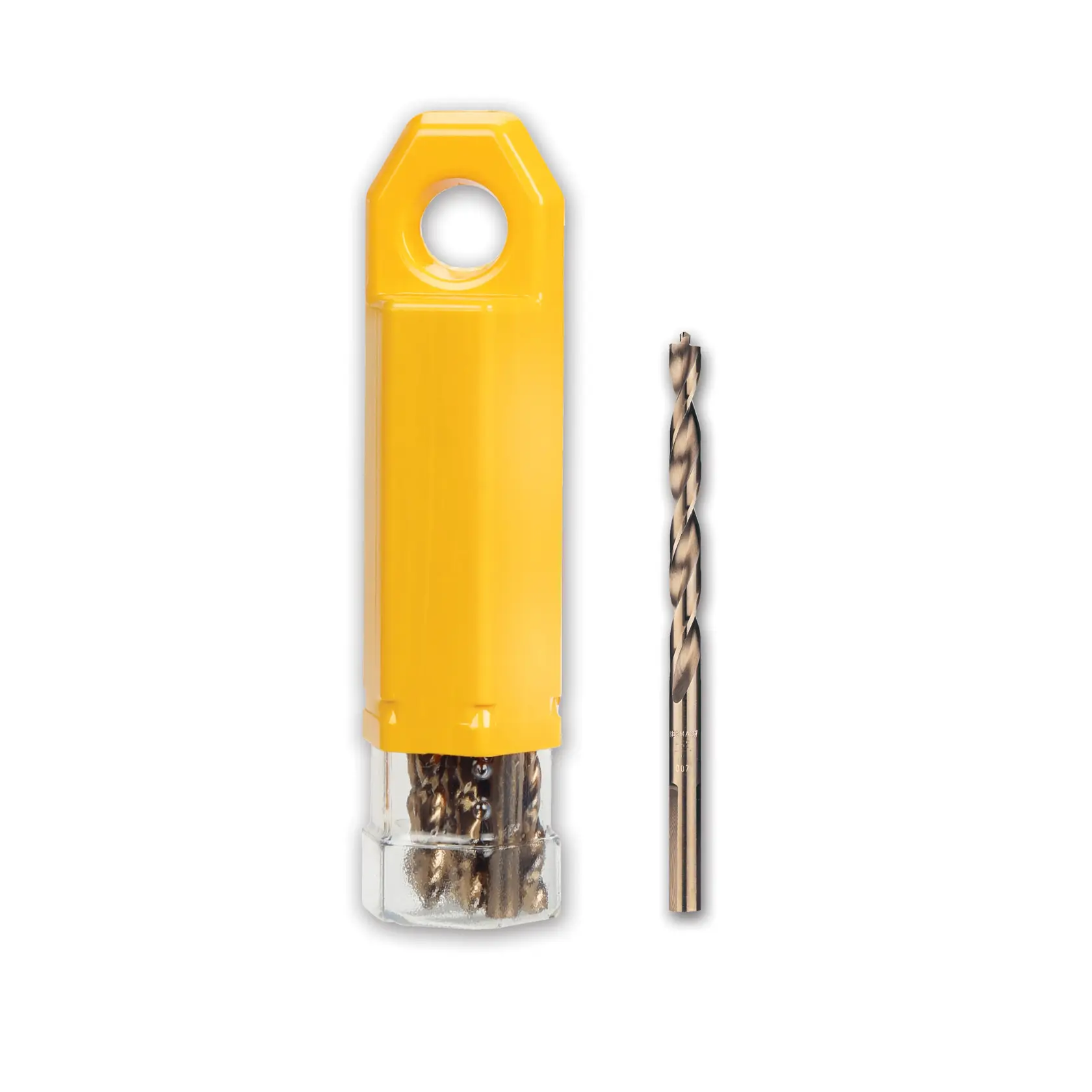 Juego de brocas DEWALT en estuche amarillo con una broca fuera, mostrado sobre fondo blanco.