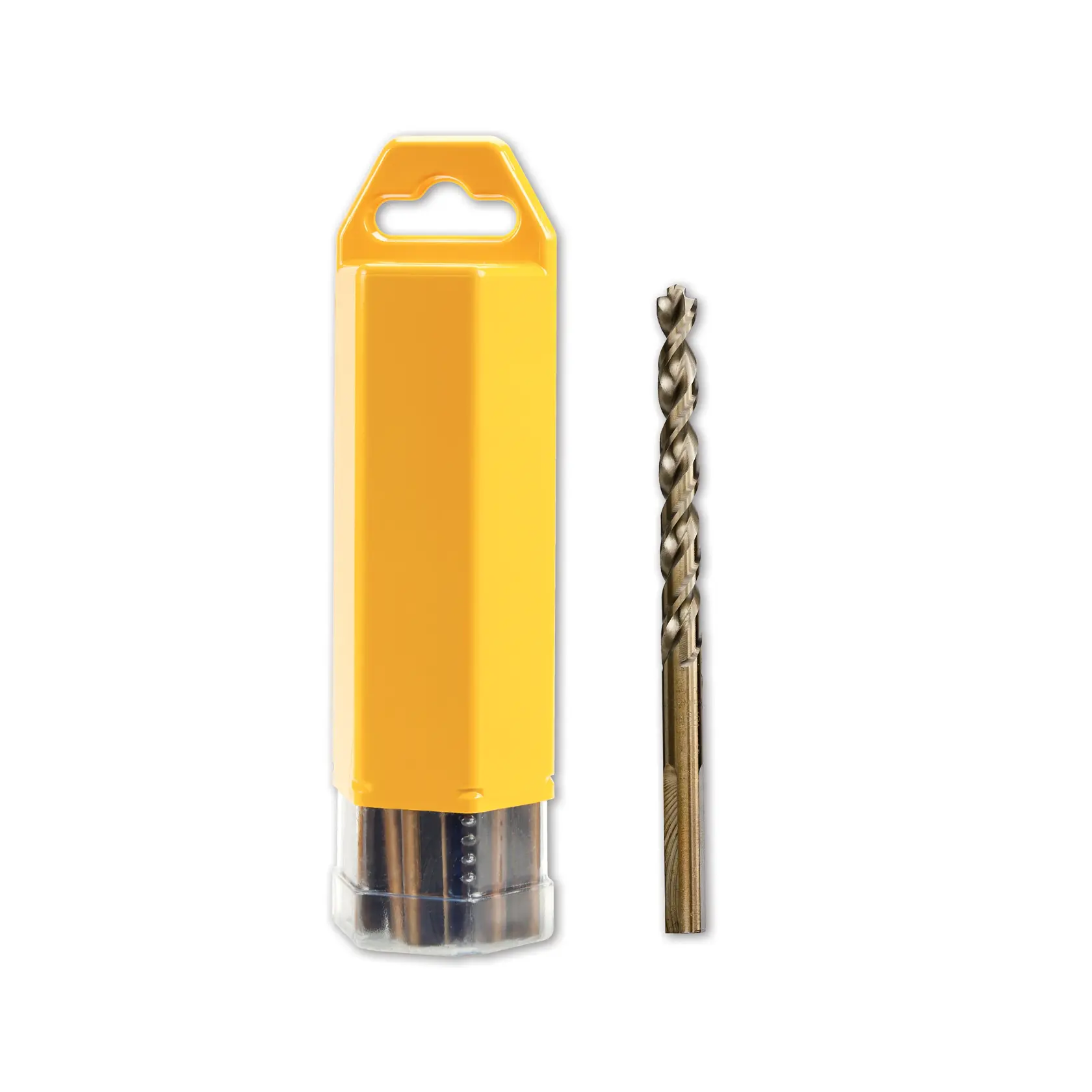 Broca de metal con estuche de plástico amarillo, mostrada verticalmente sobre fondo blanco.
