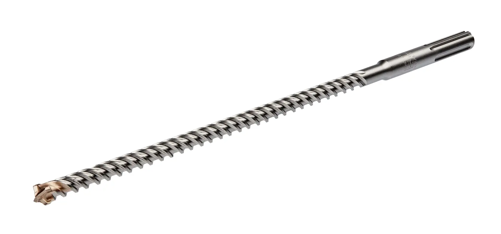 A DEWALT SDS Max rotary hammer drill bit with a spiral flute and carbide tip, designed for heavy-duty drilling in concrete and masonry, shown against a white background.