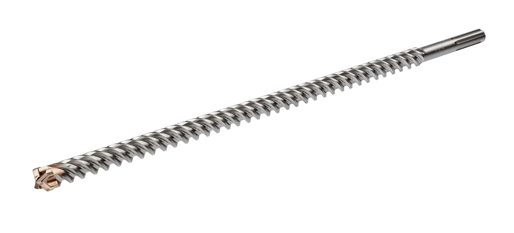 Una broca para mampostería DEWALT DT60826 SDS-Max con eje de canal espiral y punta de carburo, mostrada sobre fondo blanco.