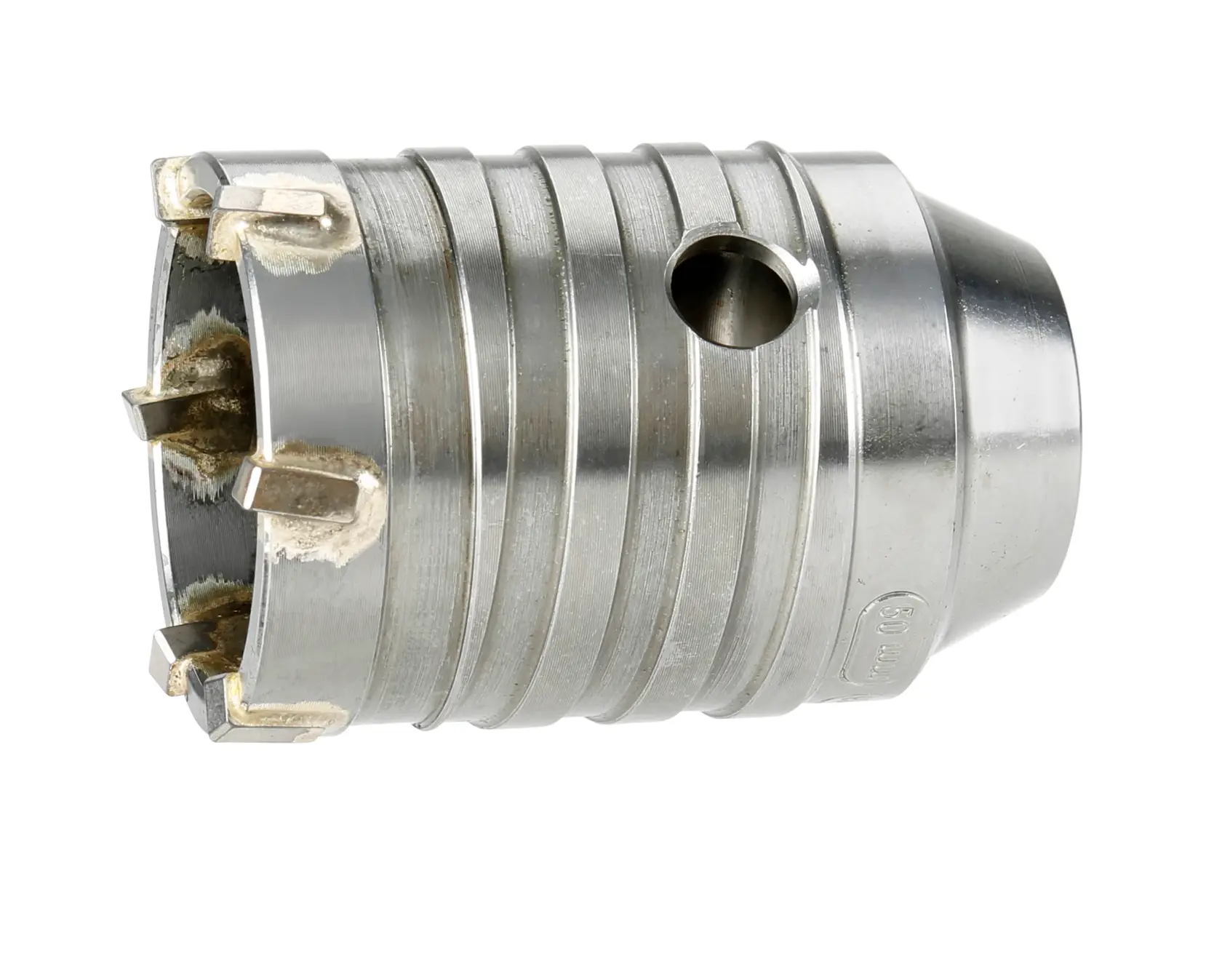 Steel DEWALT core drill bit DT6747 with multiple cutting teeth, used for drilling into masonry or concrete.