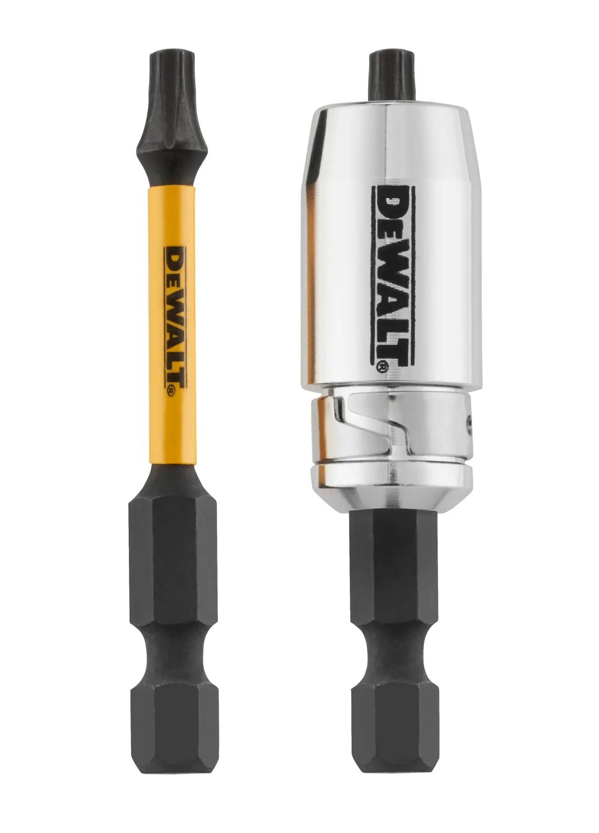 DEWALT screwdriver bit and bit holder with hex shank, suitable for use with power tools.