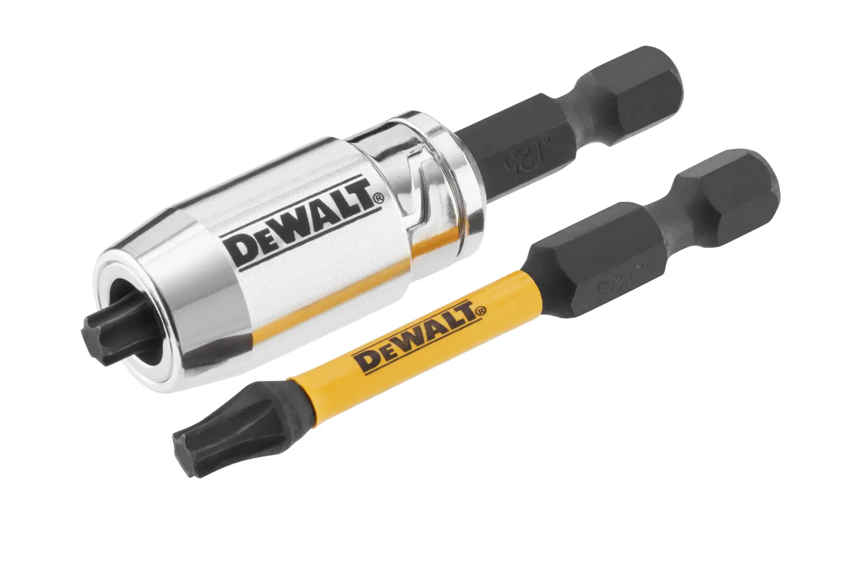 DEWALT DT70538T bit holder and two screwdriver bits for power tools, shown on a white background.