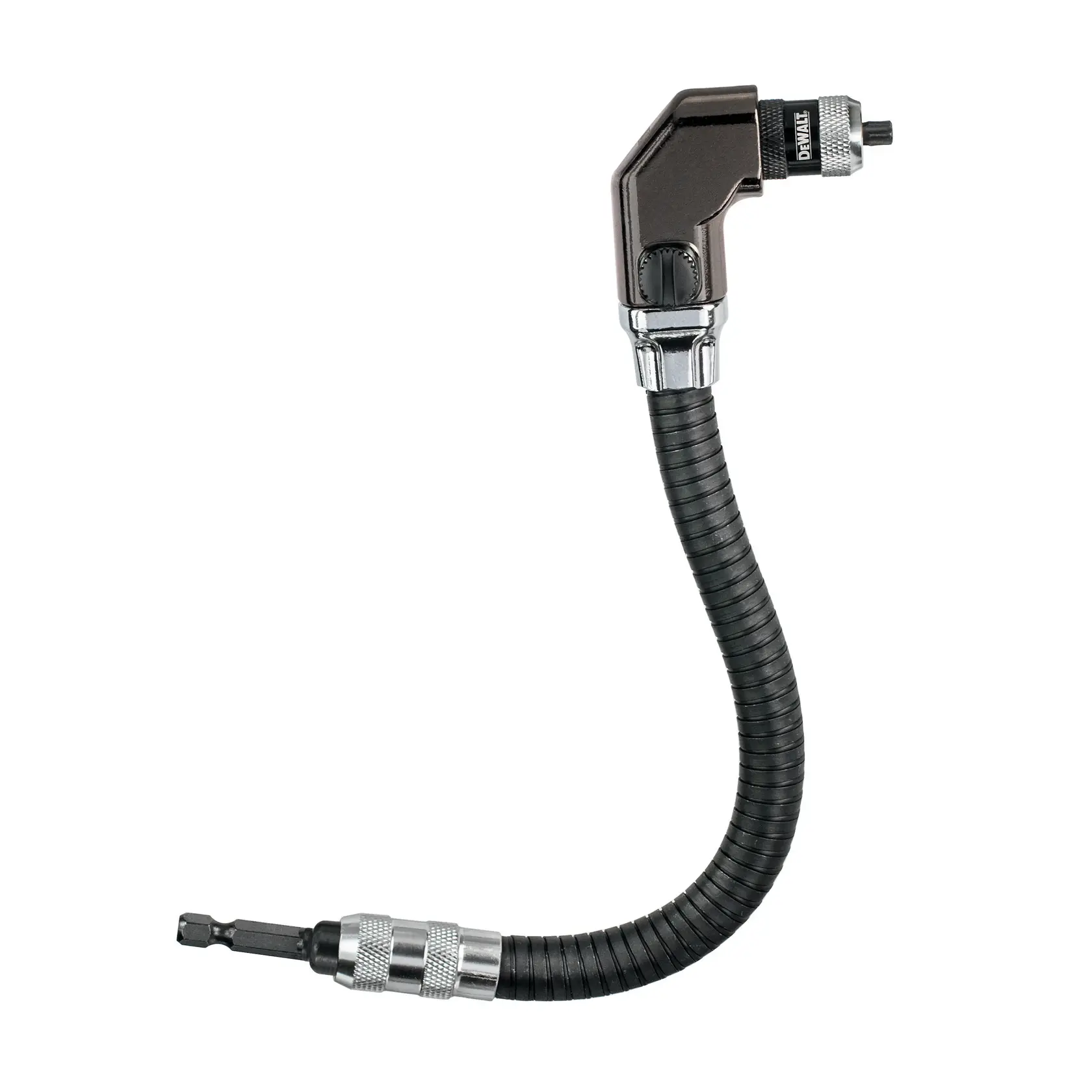 A DEWALT flexible shaft screwdriver attachment with a right angle head and a black coiled shaft.
