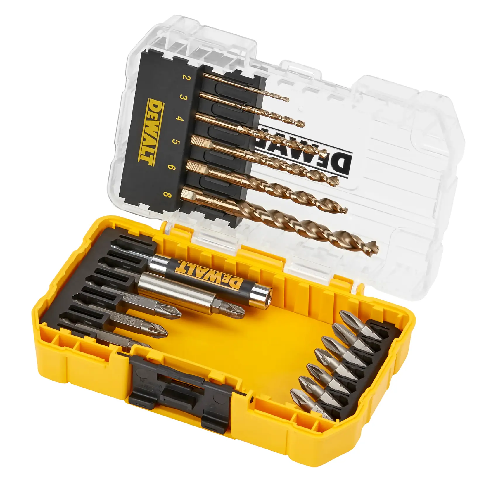 Estuche DEWALT de brocas y puntas en caja amarilla con tapa transparente, organizado por tamaño y tipo.