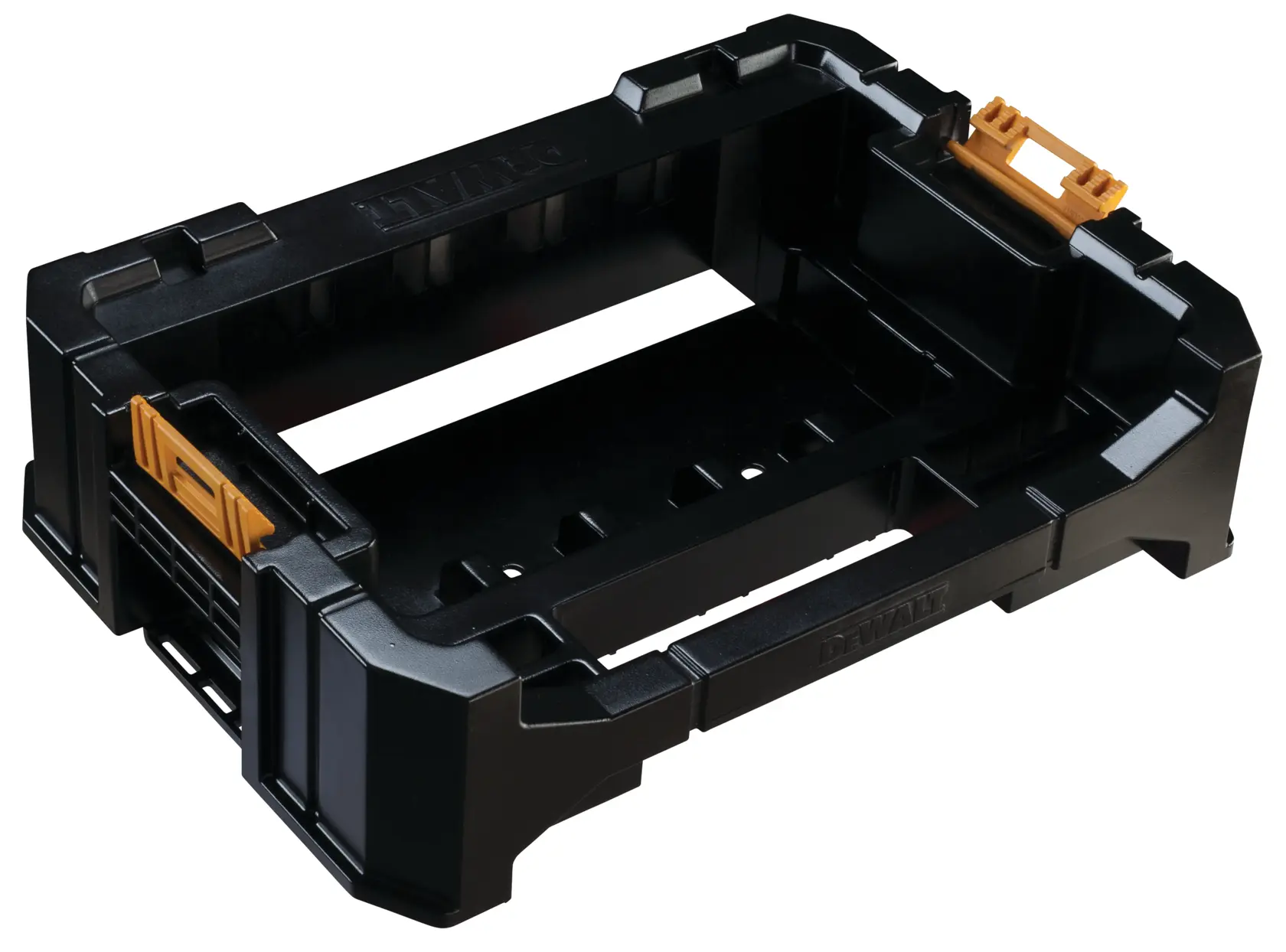 Black DEWALT DT70716 storage tray with orange clips, used for organizing tools and accessories.