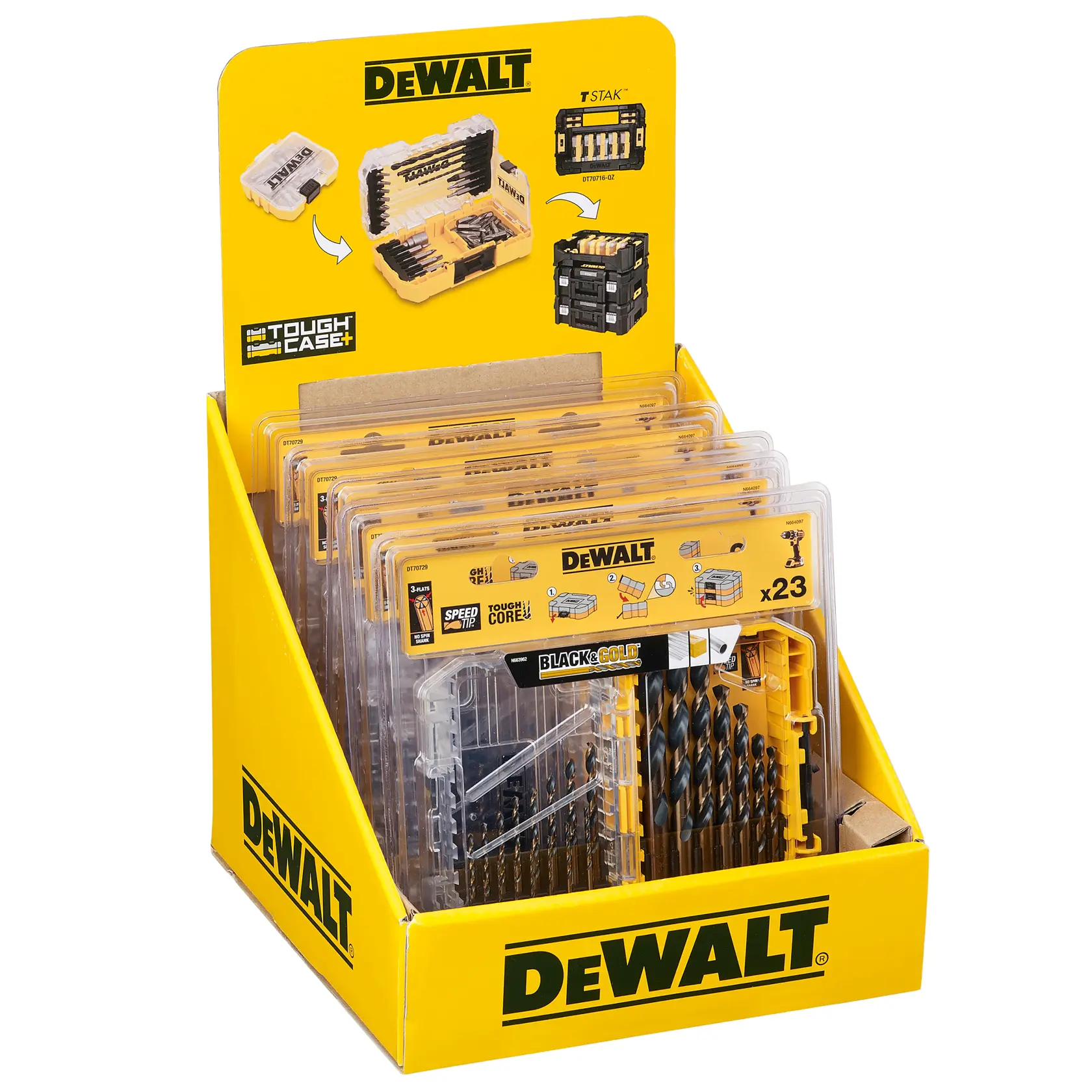 DEWALT-Bohrer-Sets auf einem gelben Kartonständer für die Ladenausstellung.