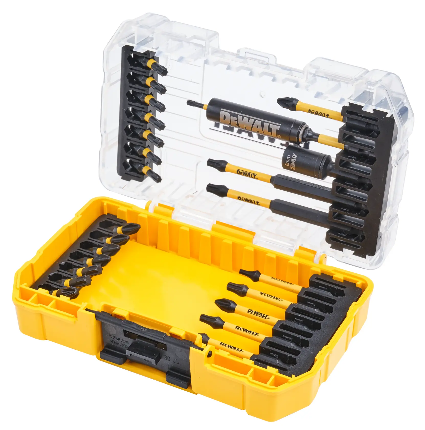 DEWALT DT70744T yellow tool case with various screwdriver bits organized inside and a transparent lid.