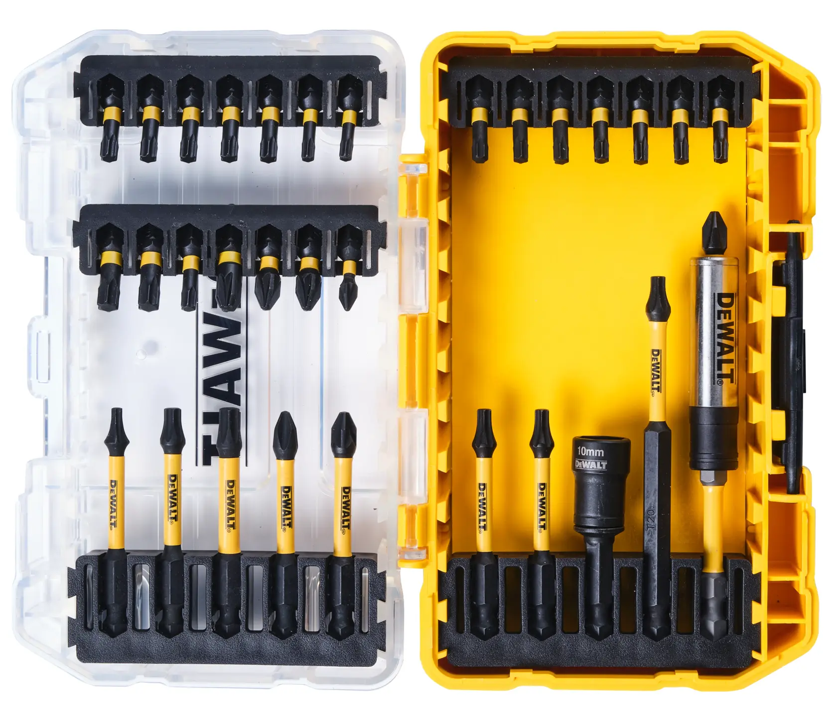 Graphic showing DEWALT XTREME Sub-Compact Series branding with the slogan 'Compact and Performance Packed' on a yellow background.