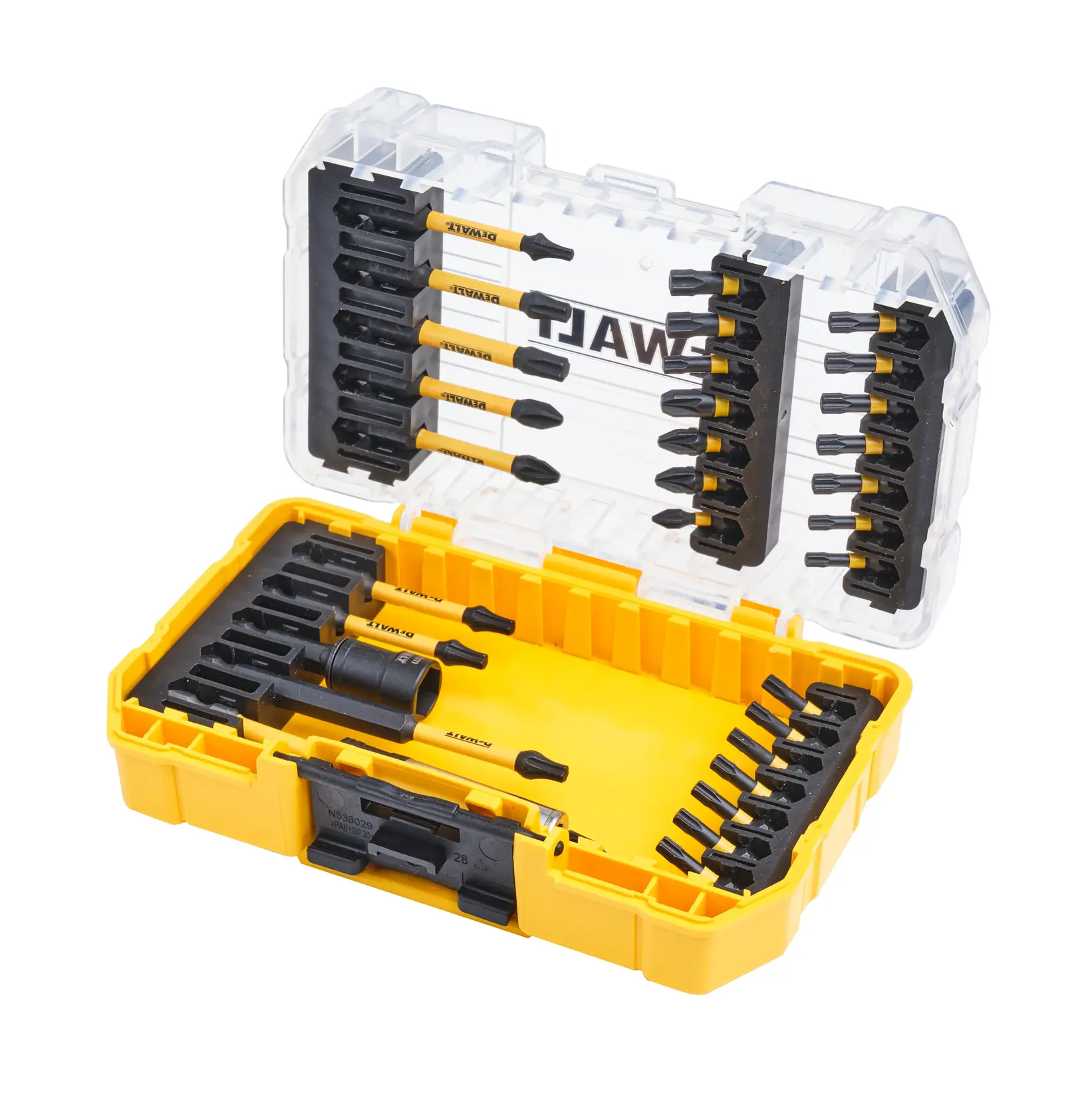Graphique montrant la marque DEWALT XTREME Sub-Compact Series avec le slogan 'Compact et performance garantie' sur un fond jaune.