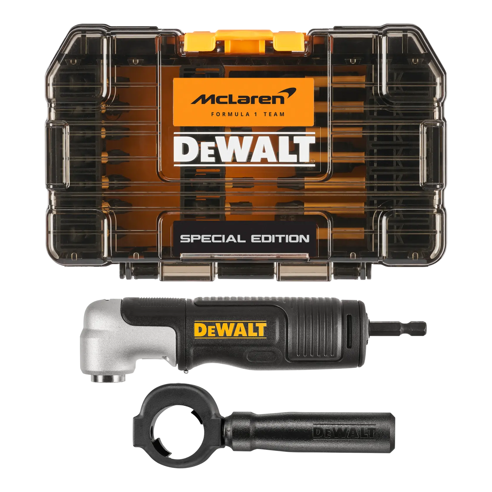 DEWALT McLaren Special Edition tool kit with bits and right-angle attachment.