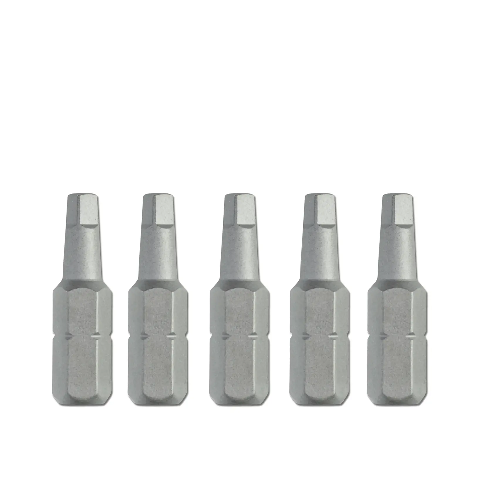 Set of five hex screwdriver bits in silver finish, aligned in a row for use with power tools.