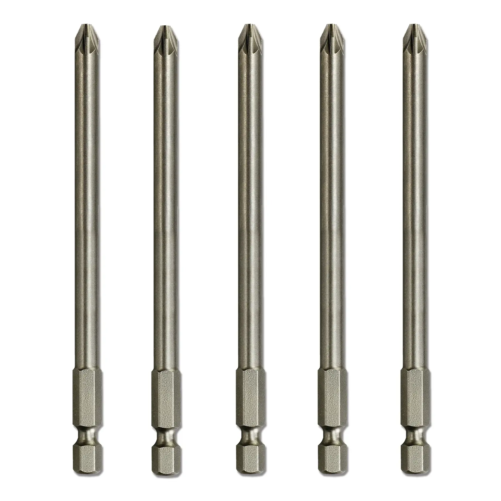 Five long DEWALT screwdriver bits are shown upright with hex shanks, arranged in a row on a white background.