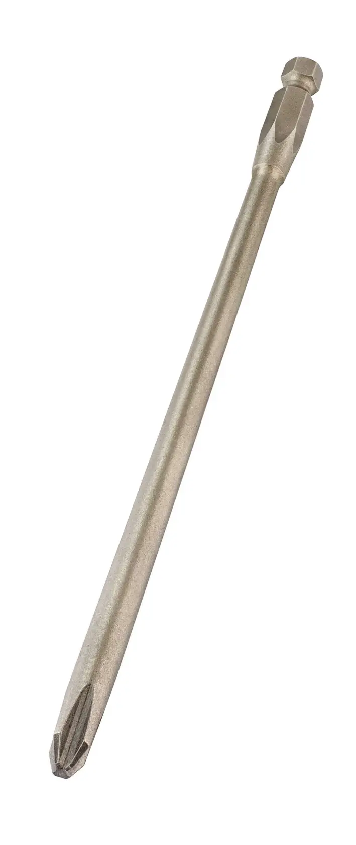 Long Phillips screwdriver bit with hex shank for power tools, shown on a white background.
