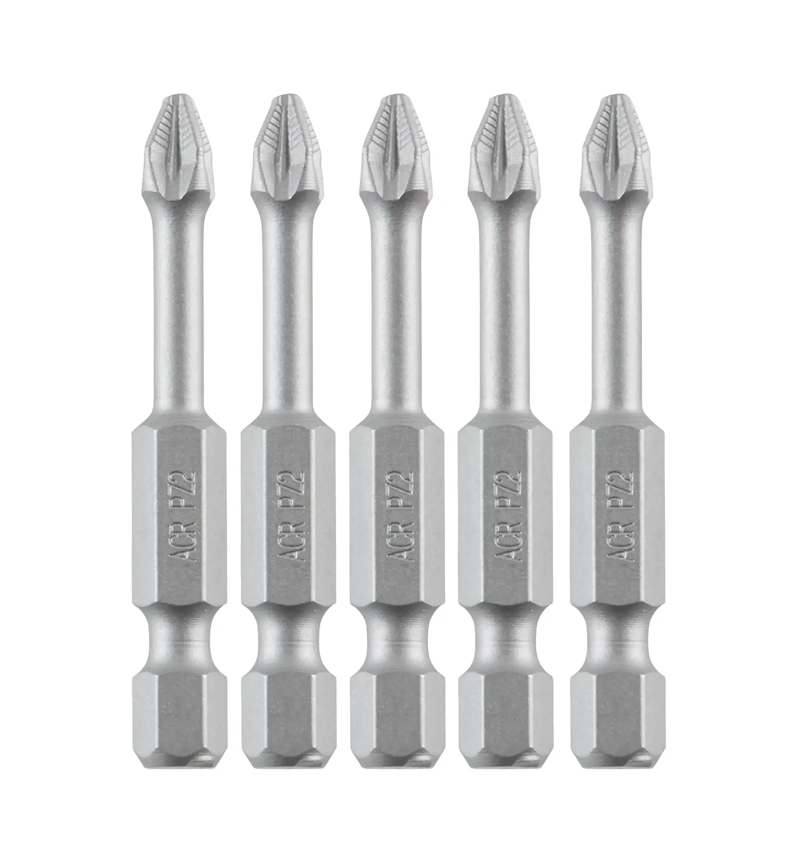 Five DEWALT screwdriver bits with hex shanks and Phillips tips arranged side by side on a white background.