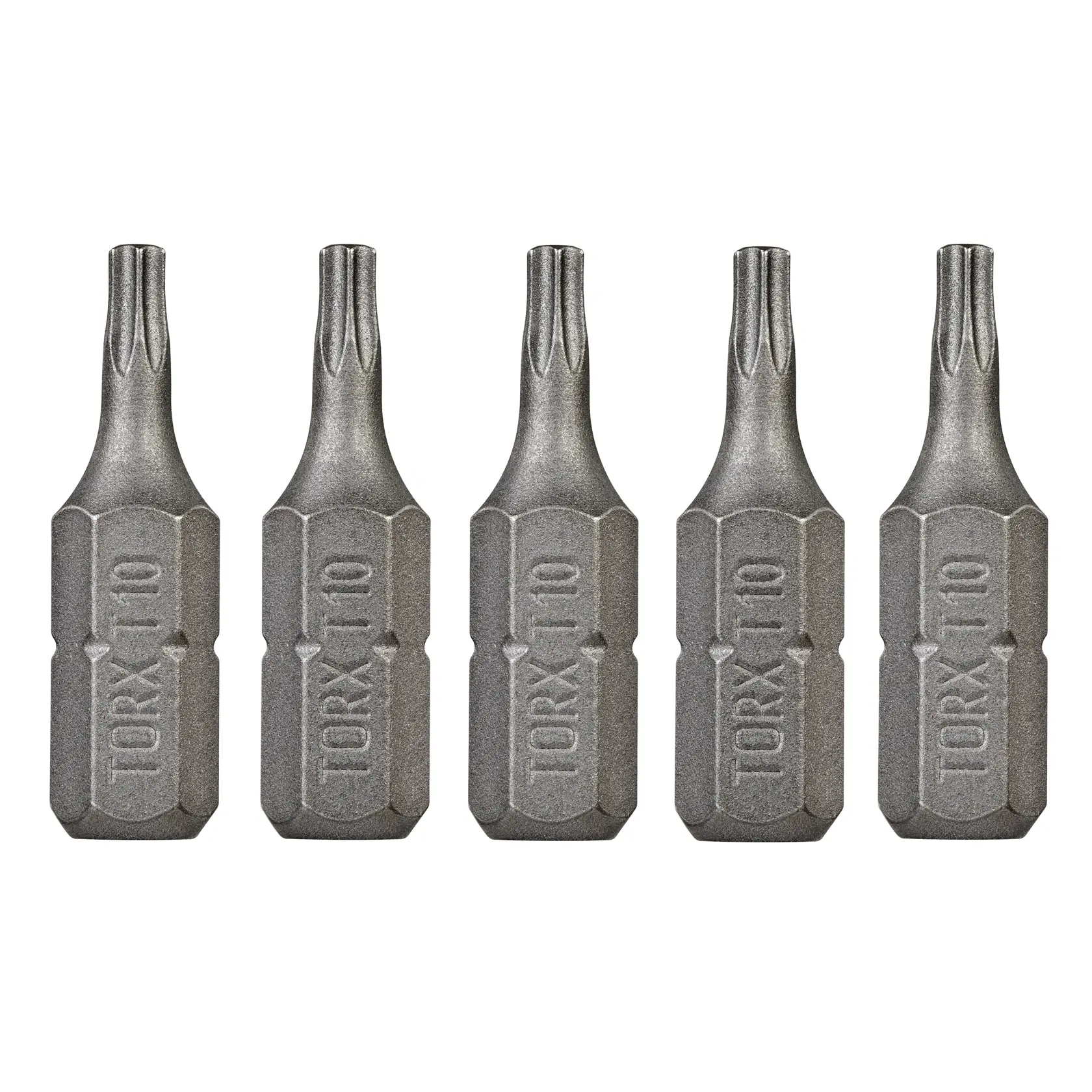 Cinco puntas de destornillador DEWALT Torx T10 alineadas sobre fondo blanco.