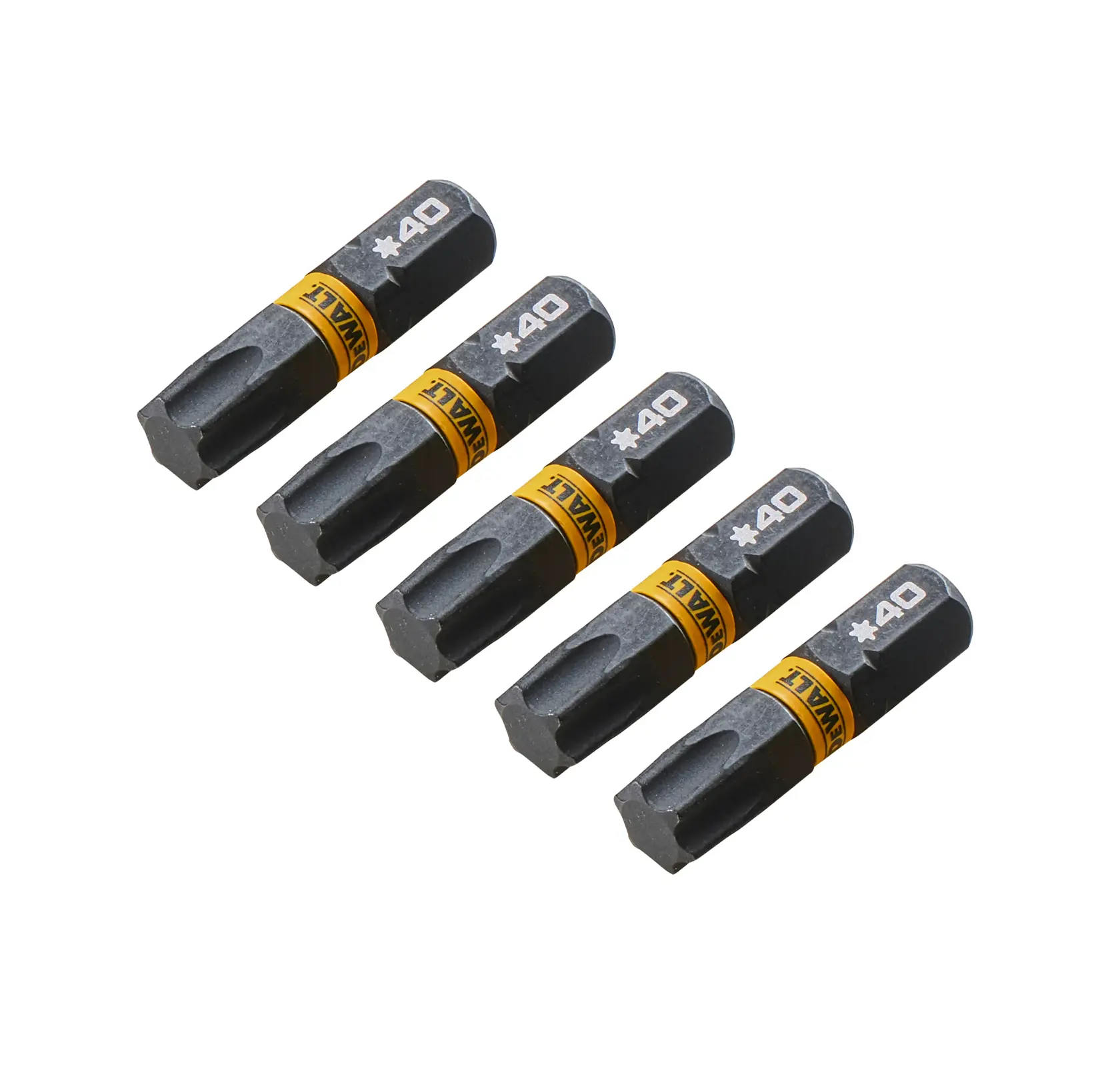 Cinco puntas de destornillador Torx DEWALT T40 alineadas sobre fondo blanco.