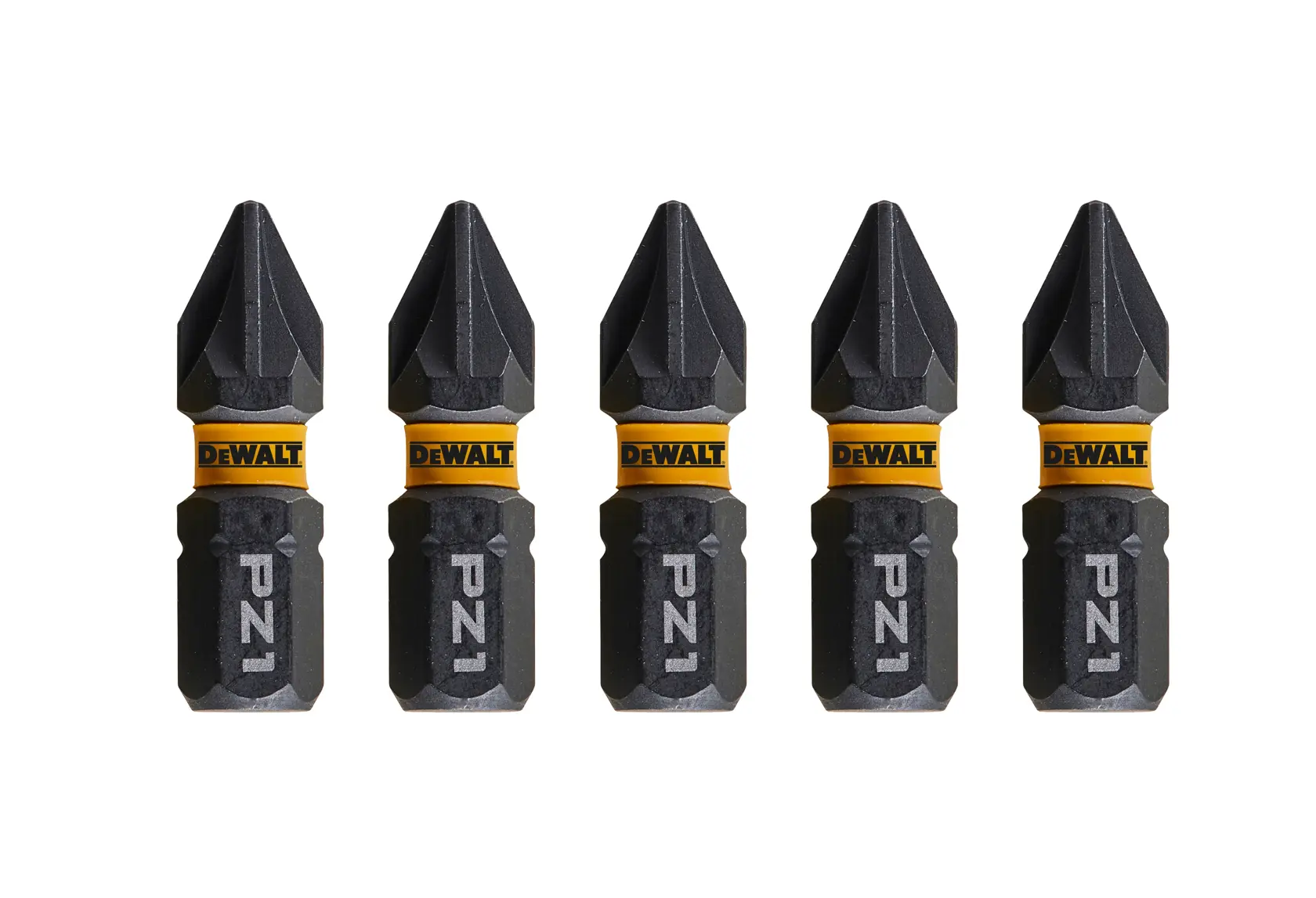 Cinco puntas de destornillador DEWALT PZ1 con banda amarilla, alineadas sobre fondo blanco.