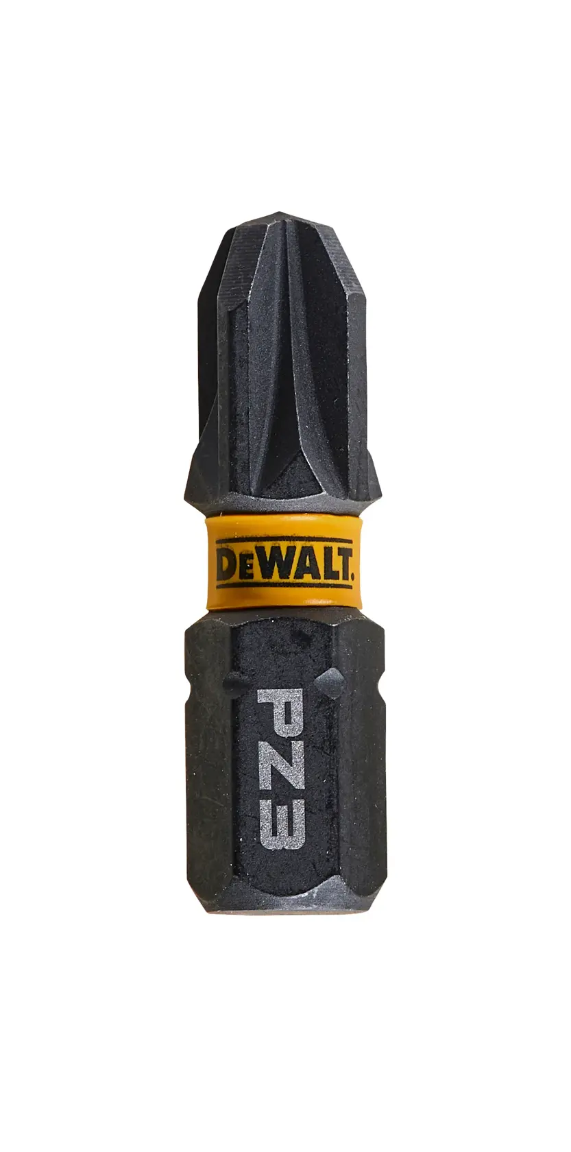 Punta de destornillador Pozidriv DEWALT PZ3 con anillo amarillo, acabado negro, fondo blanco.