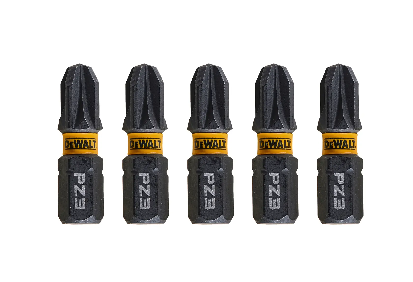 Juego de cinco puntas de destornillador DEWALT PZ3 con marca amarilla sobre fondo blanco.