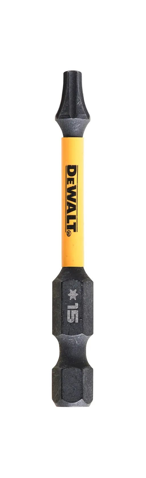 Punta de destornillador DEWALT DT7394T con eje amarillo y extremos negros, marcada T15.