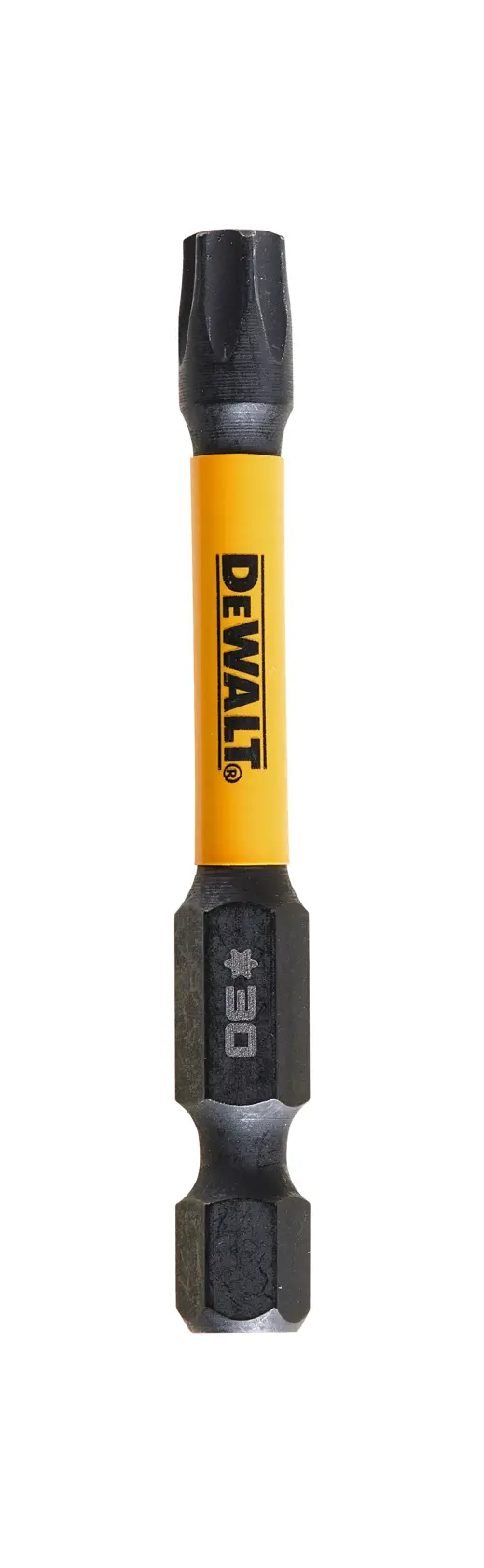 Accesorio fotográfico DEWALT, punta DT7398T-QZ y DT7398T, negro y amarillo, sobre fondo blanco.