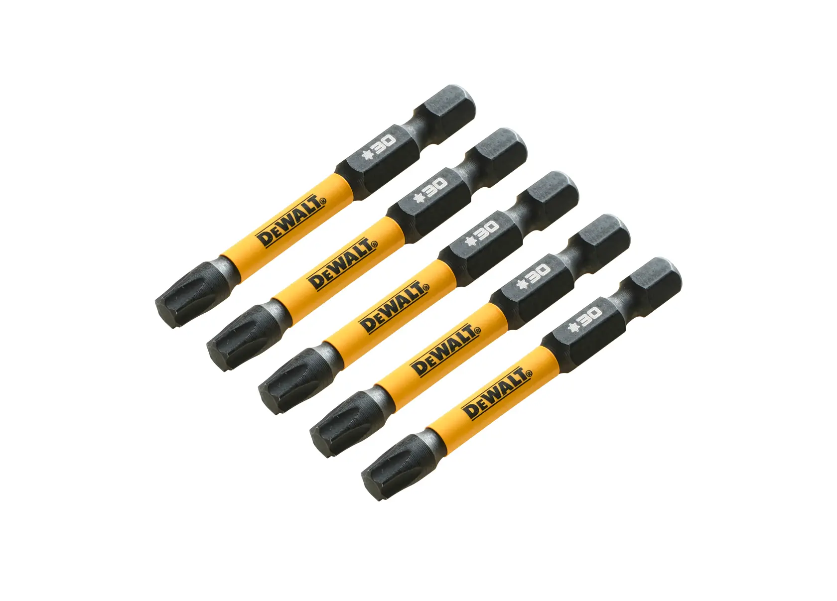 Set de brocas DEWALT, SKUs DT7398T-QZ, DT7398T. Cinco brocas amarillas y negras para fotografía.