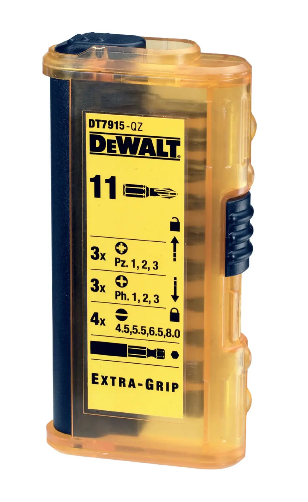 DEWALT DT7915 11-piece screwdriver bit set in a yellow plastic case with product details printed on the front.