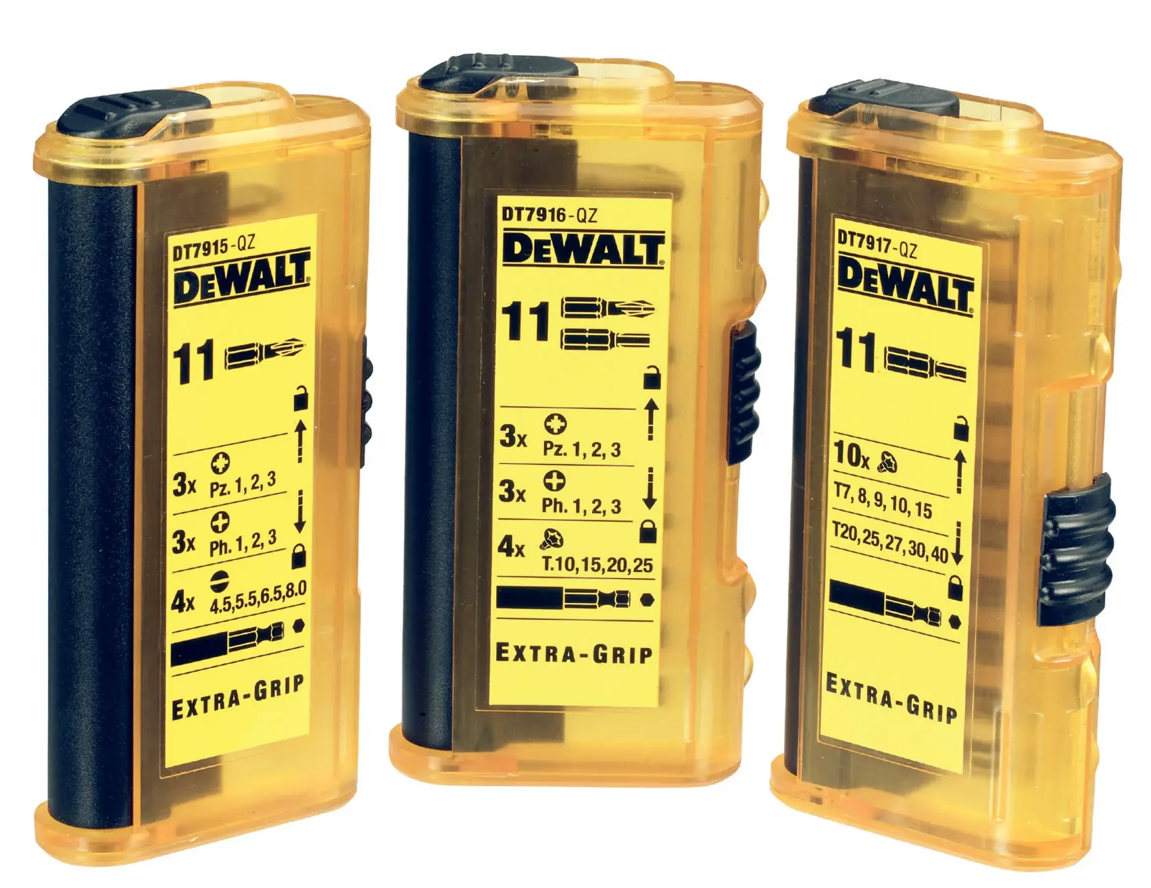 Three DEWALT bit sets with yellow cases and Extra-Grip labels, showing bit sizes and types on the front.