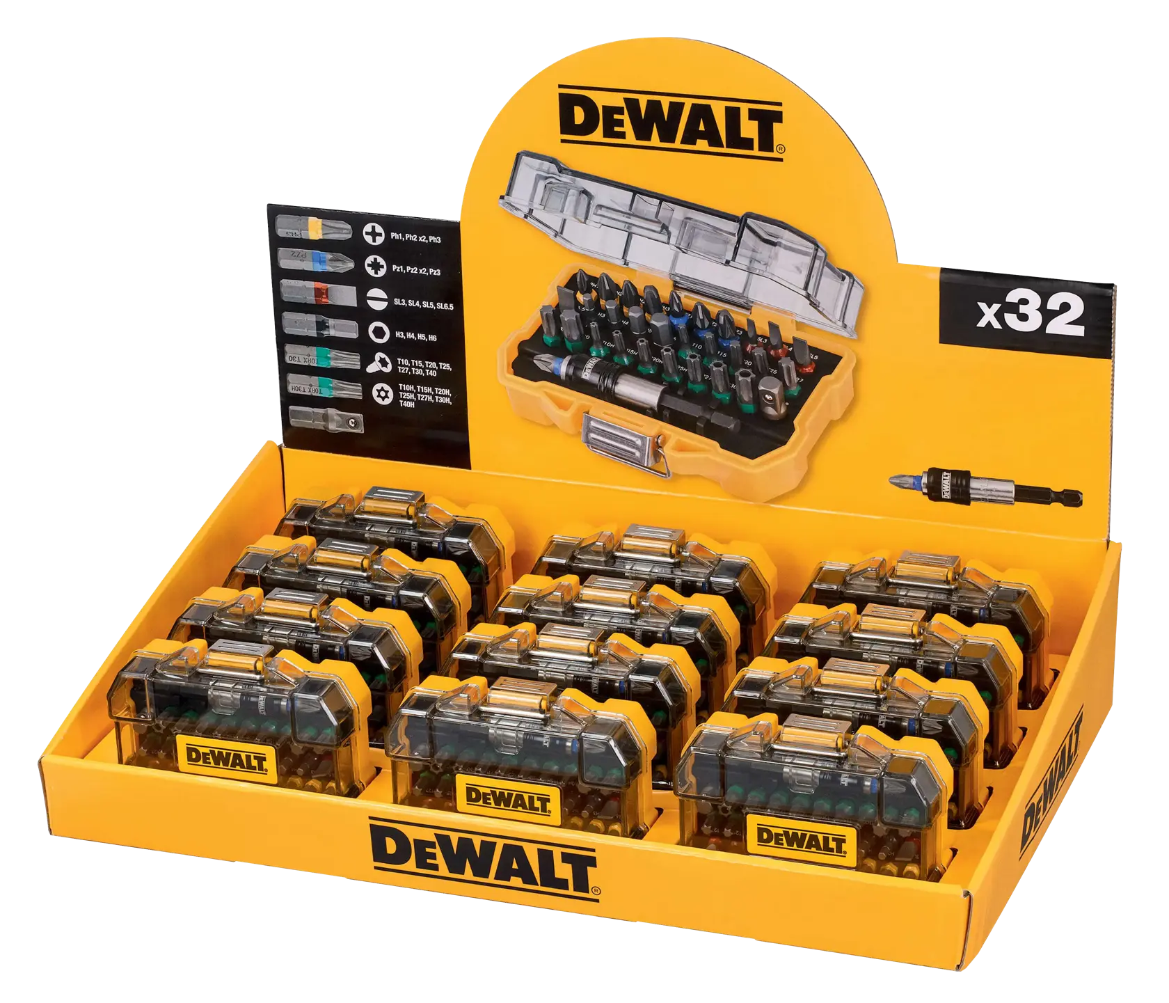DEWALT DT7969M display box with multiple drill bit sets, each in a yellow and clear case, x32 shown.