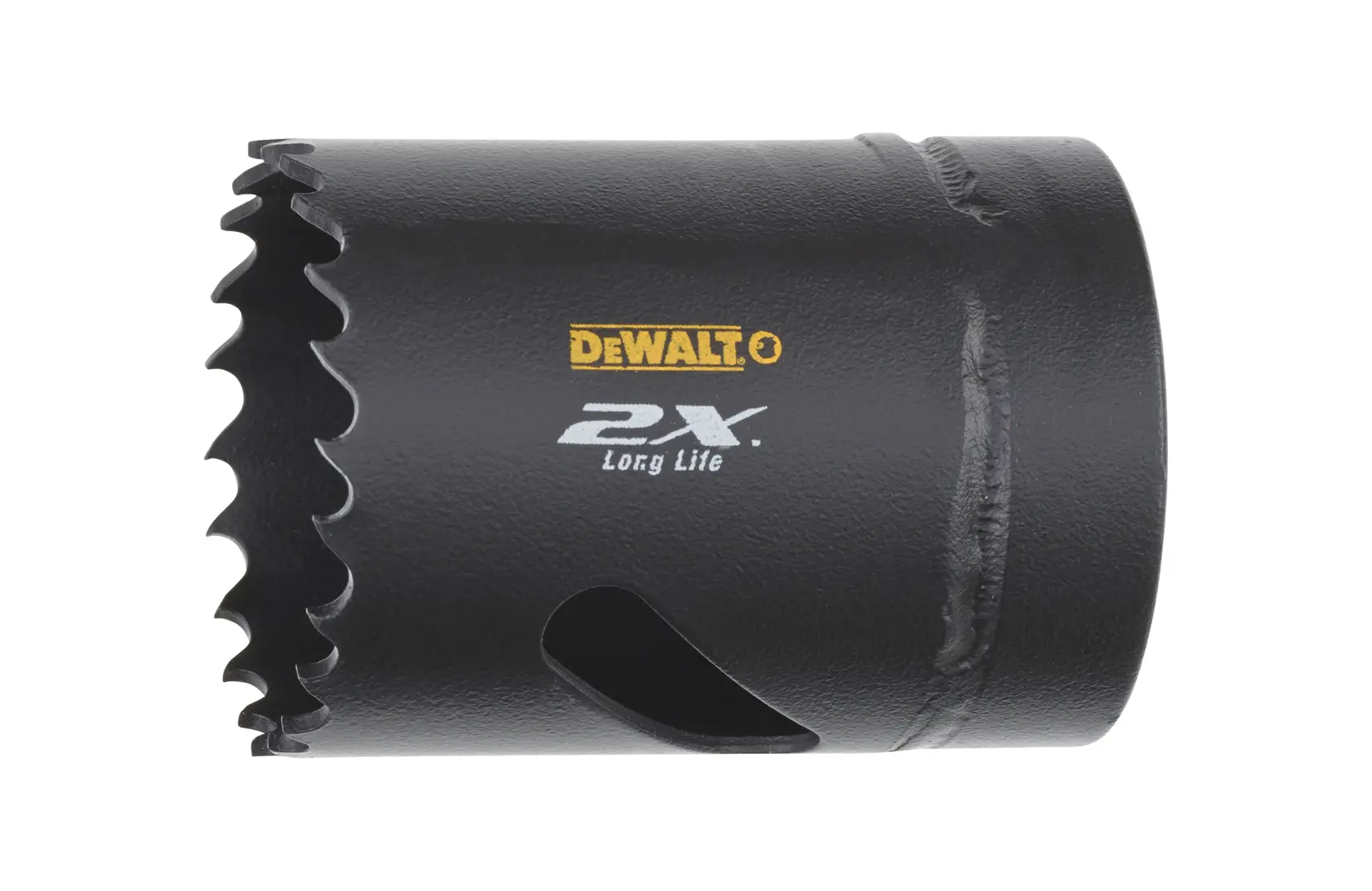 DEWALT DT8130L hole saw with jagged teeth and 2X Long Life marking, shown against a white background.