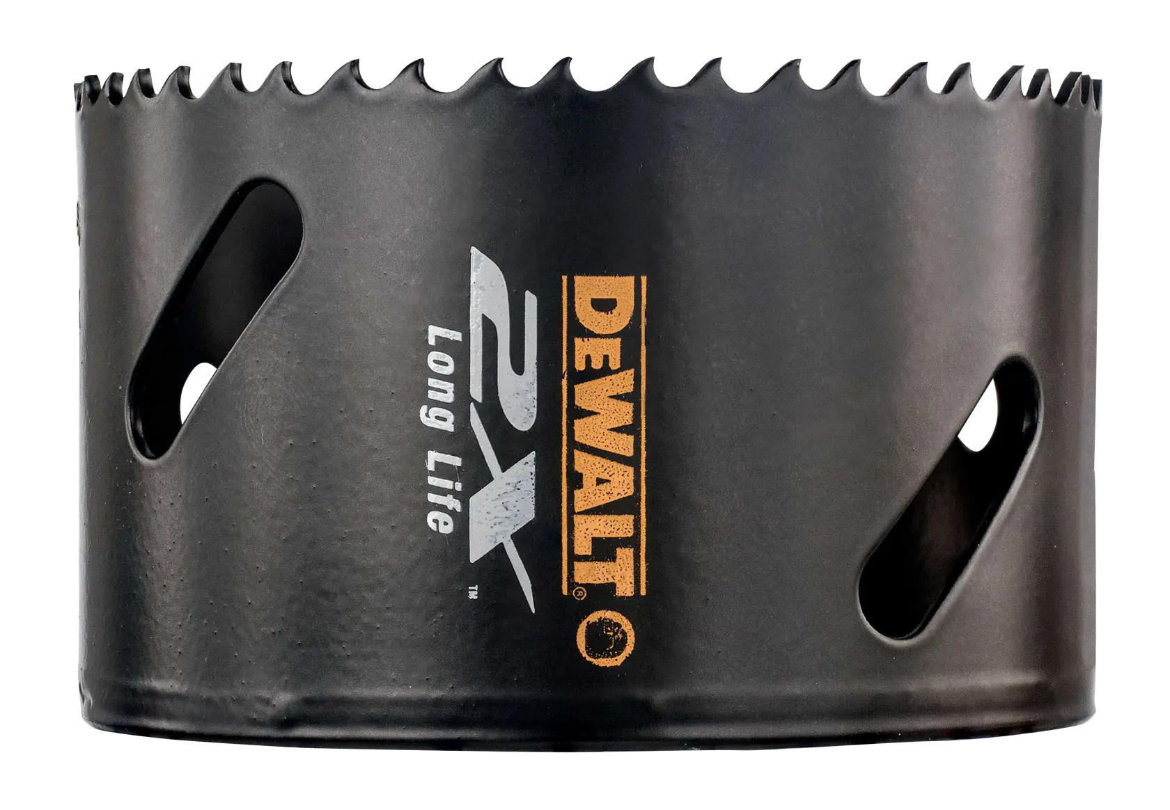 DEWALT DT8189L black hole saw with sharp teeth and long life branding, shown against a white background.
