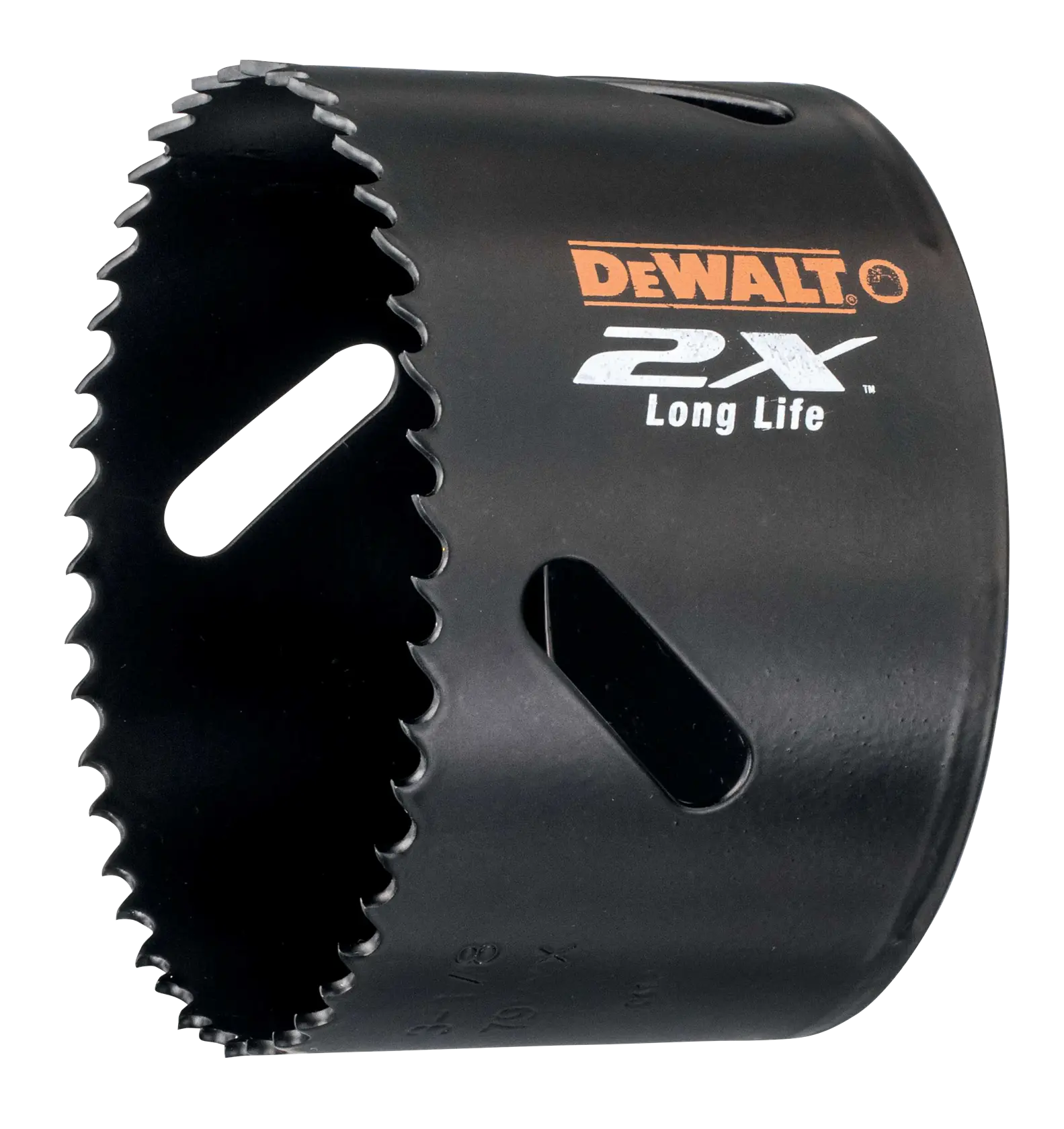 DEWALT DT8192L black hole saw with sharp teeth and 2X Long Life label, used for drilling circular holes.