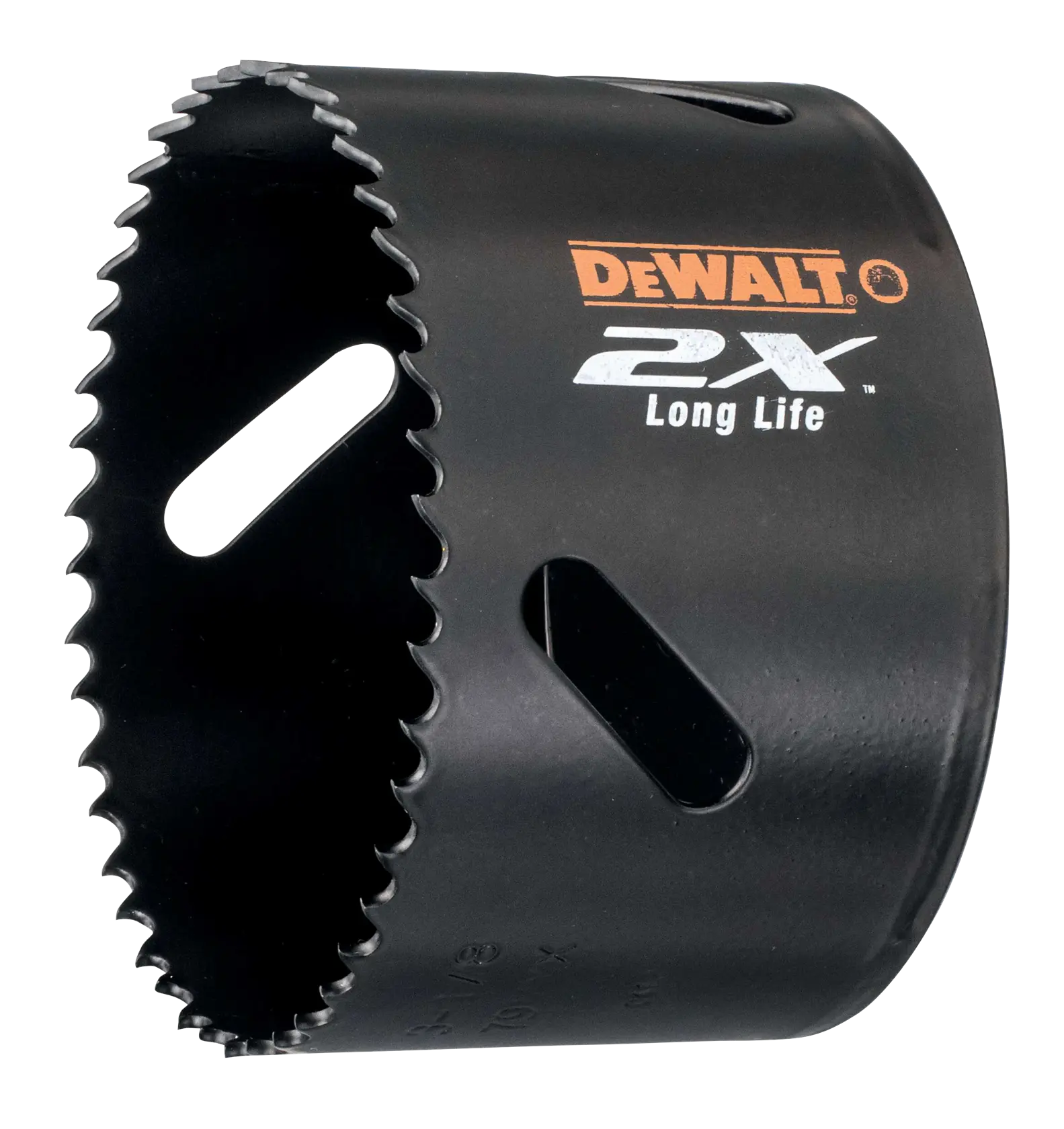DEWALT DT8195L black hole saw with sharp teeth and '2X Long Life' label, used for cutting holes in materials.