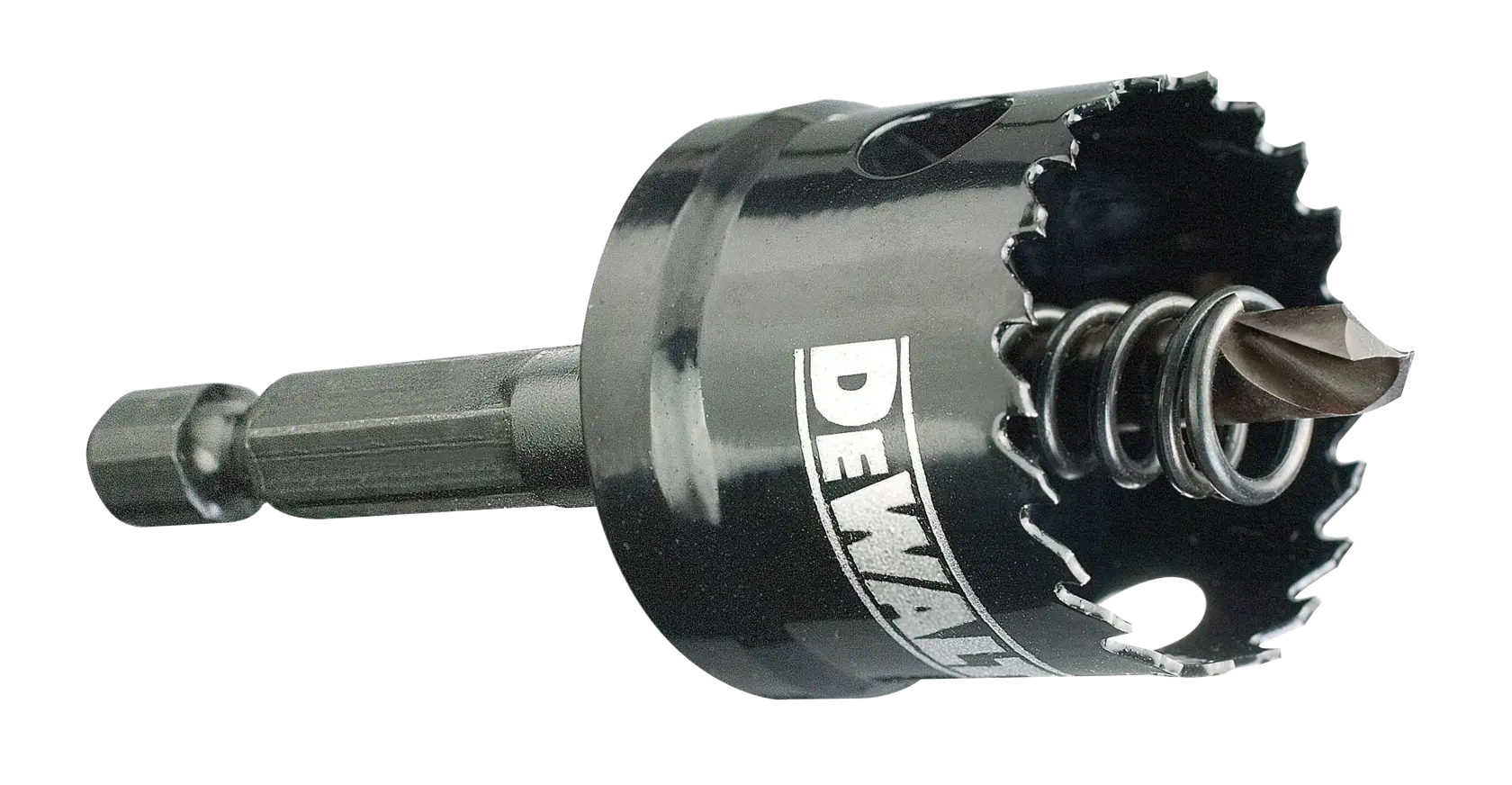 A DEWALT branded hole saw drill bit with a spring mechanism, designed for cutting holes in materials like wood, metal, or plastic.