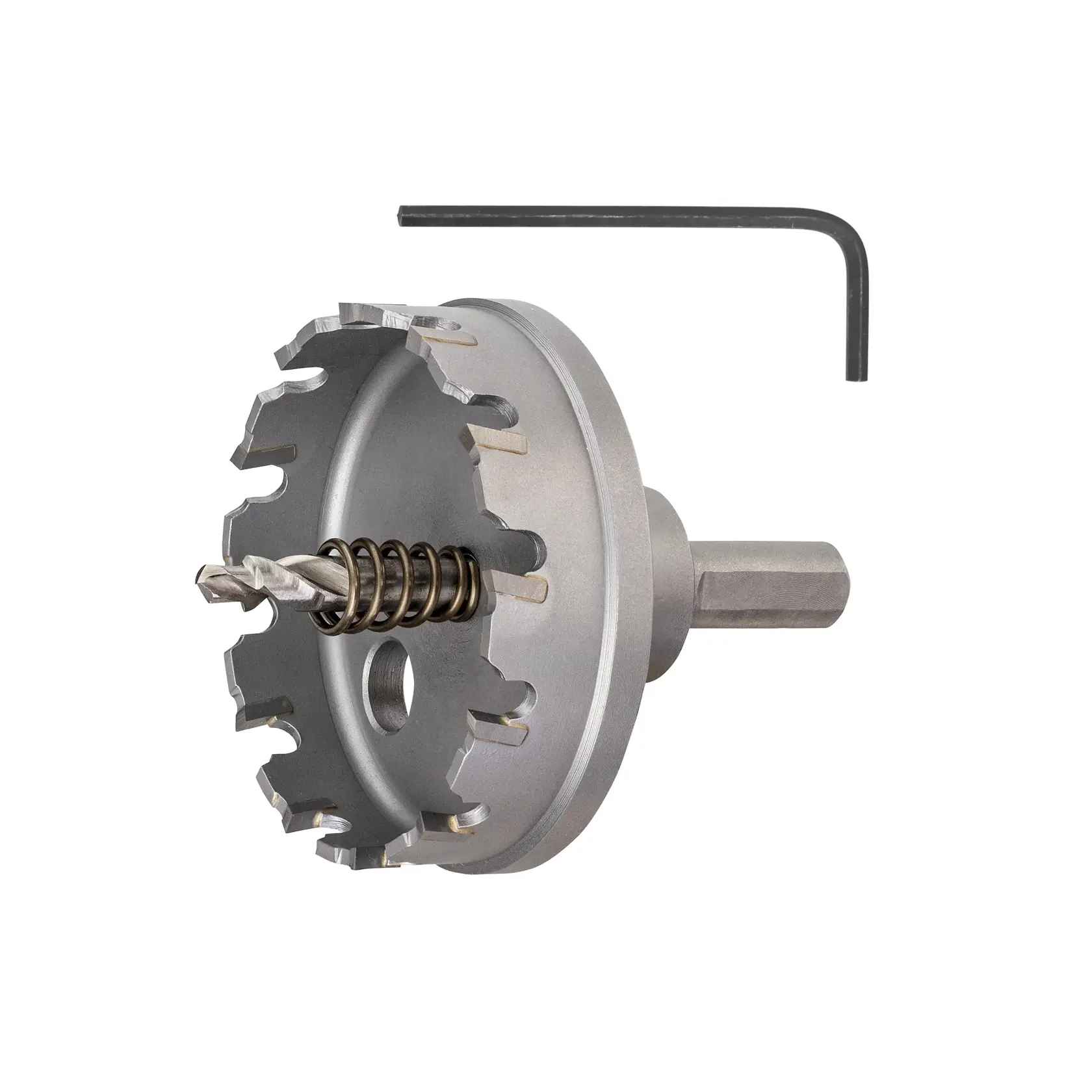 A metal hole saw drill bit with a central pilot drill and spring, shown alongside a hex key on a white background.
