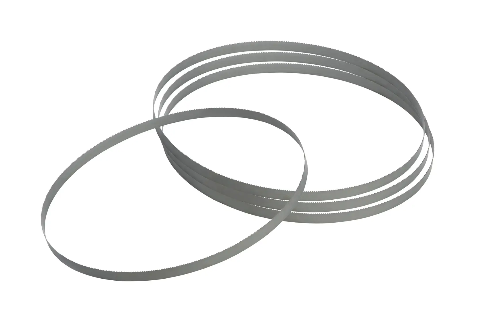 Four metal band saw blades with fine teeth displayed in overlapping loops on a white background.