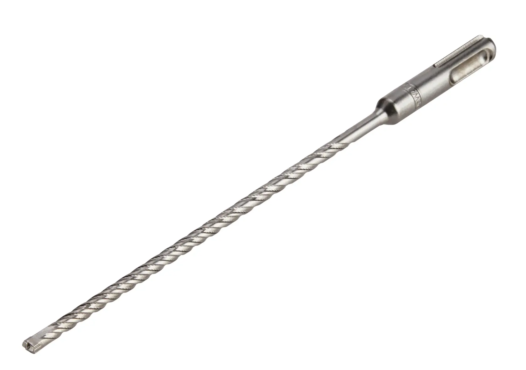 Una broca para mampostería larga y fina de metal DEWALT DT8926 con vástago SDS-plus y estrías en espiral para usar con martillos rotativos.
