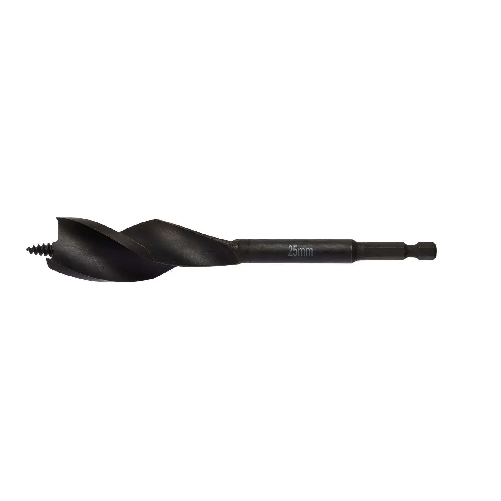 DEWALT 25mm auger drill bit with hex shank for wood drilling, shown against a white background.